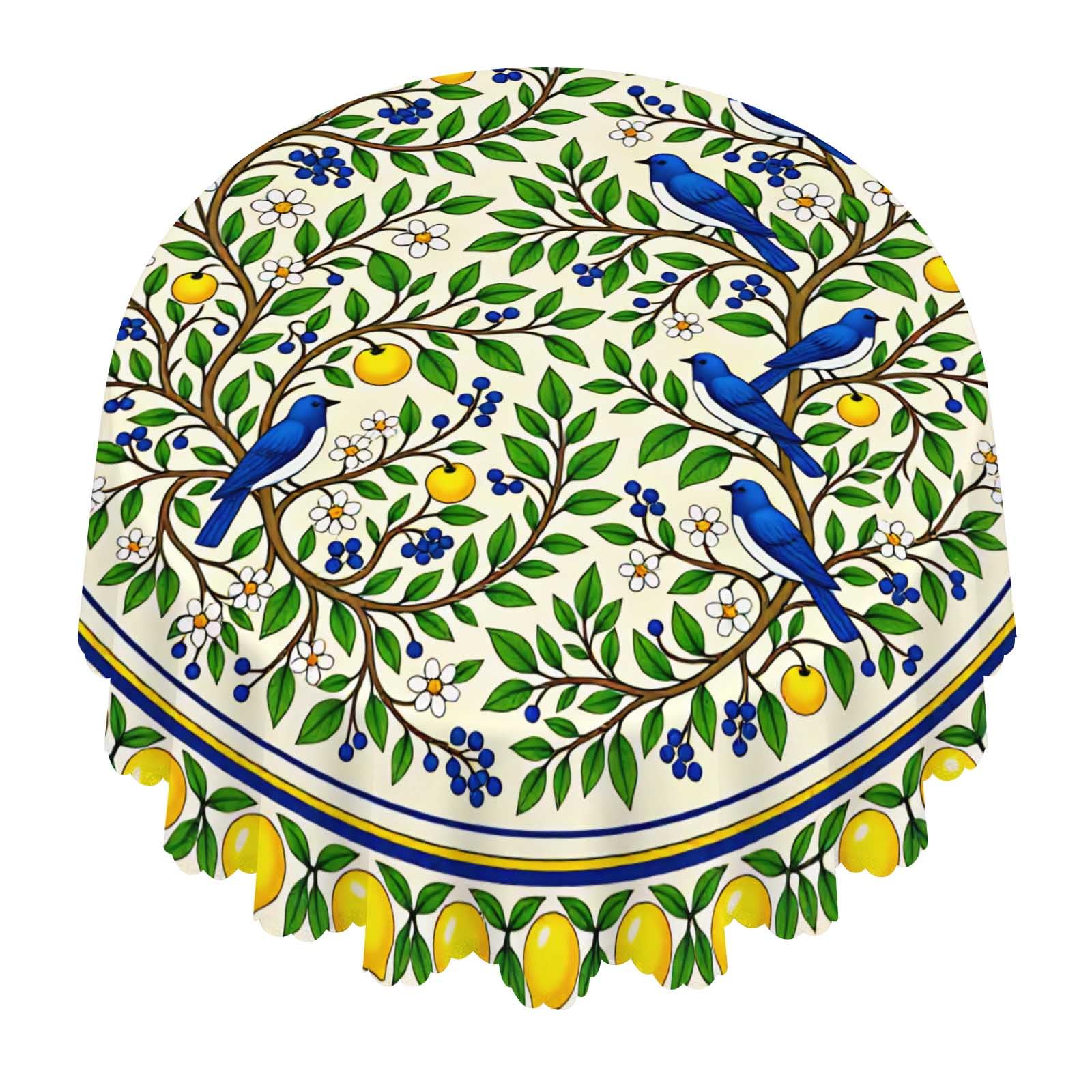 Lemon Blue Bird Round Tablecloth Waterproof Washable For Dining Party