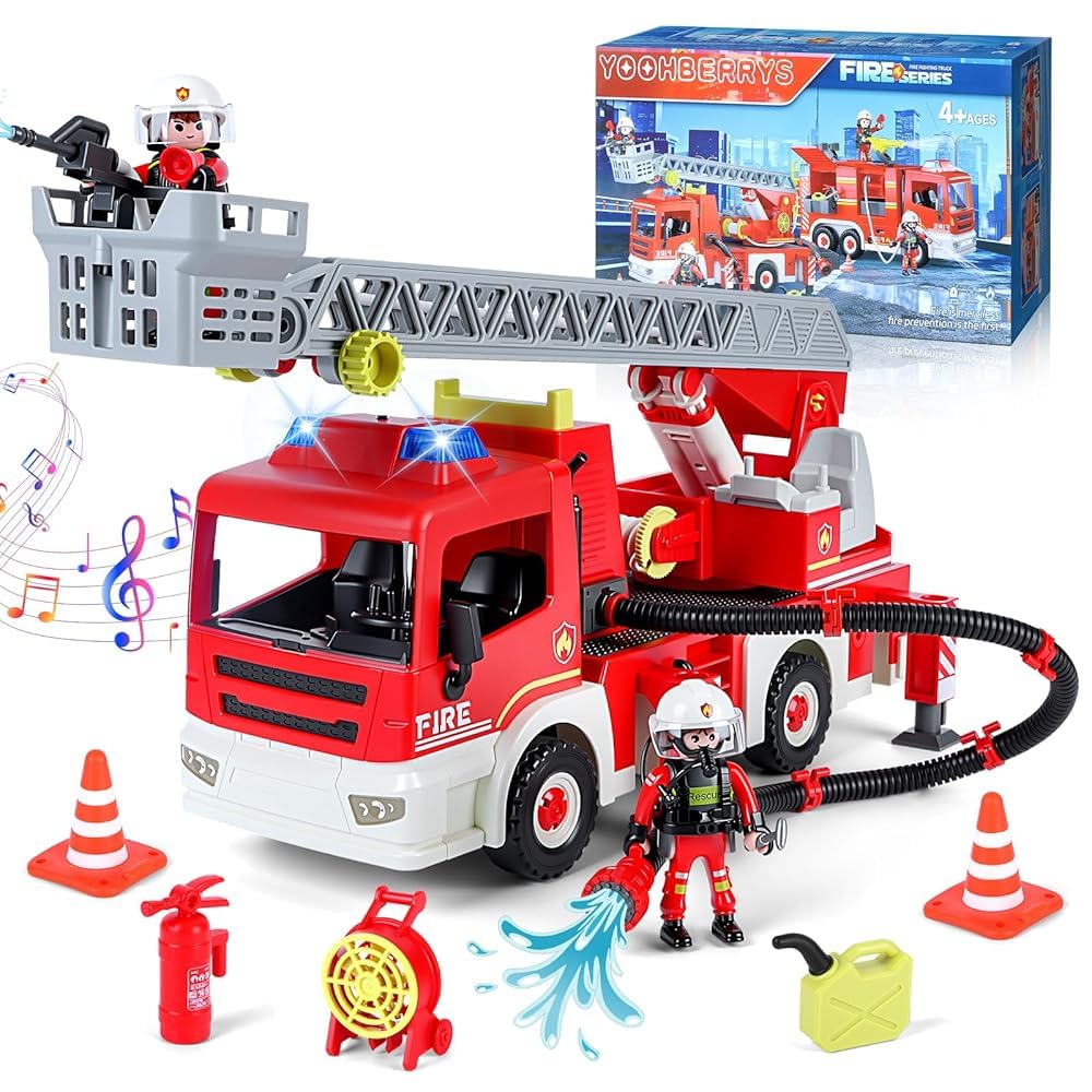 Camion dei pompieri grande, giocattolo per vigili del fuoco con luce, suono, scala girevole, veicolo con 2 vigili del fuoco, set regalo per bambini dai 3 anni in su