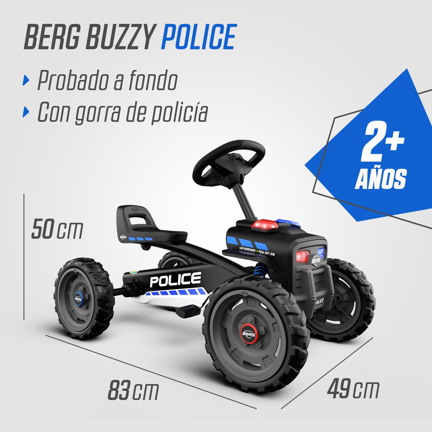 BERG Kart a Pedales Buzzy Police | 2-6 años, cuadro resistente, asiento regulable, volante regulable