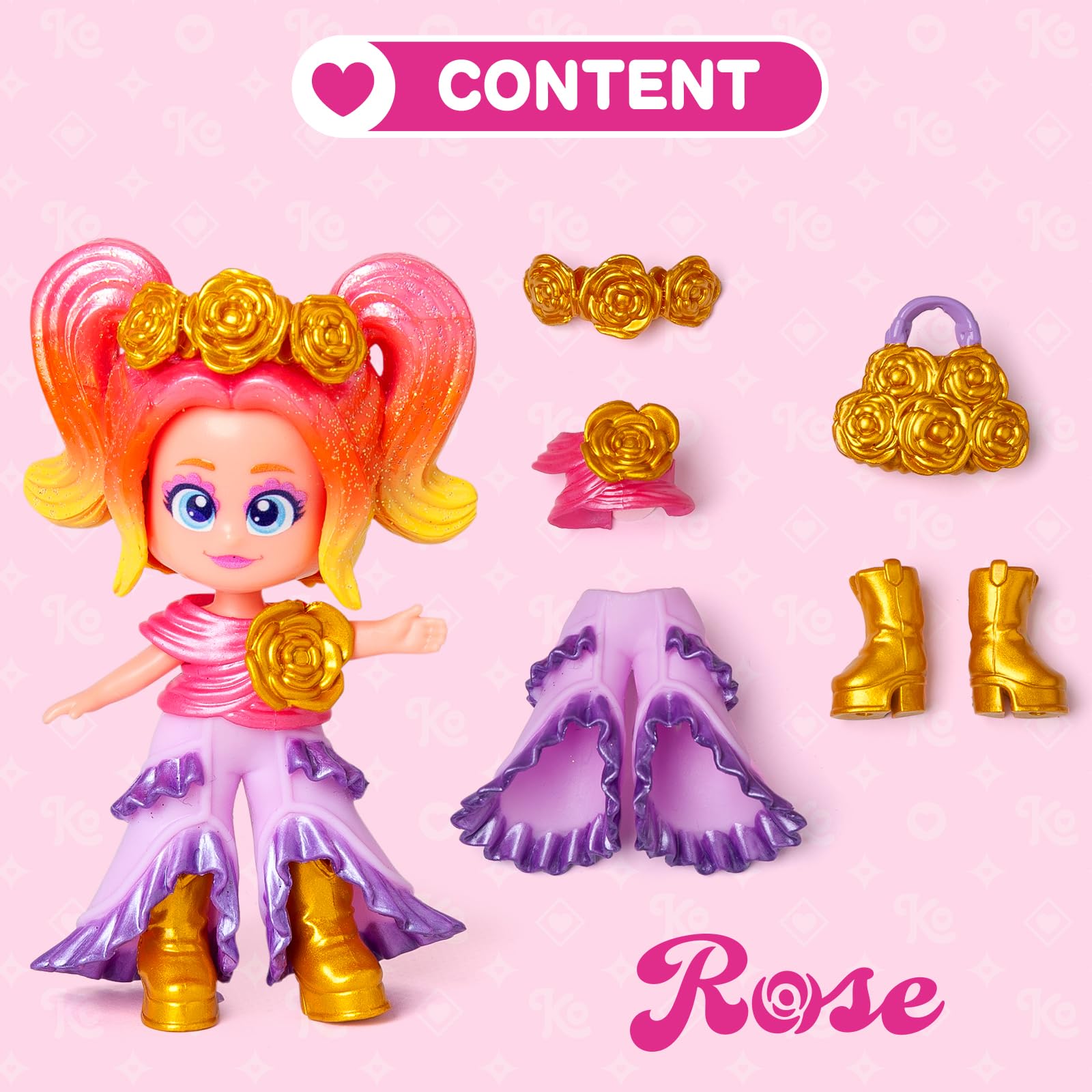 KOOKYLOOS Golden Gala Series ROSE - Collectable doll from the Golden Gala series. Contains Rose, 1 bag, fashionable clothes and shoes and 1 accessory. 3 different faces