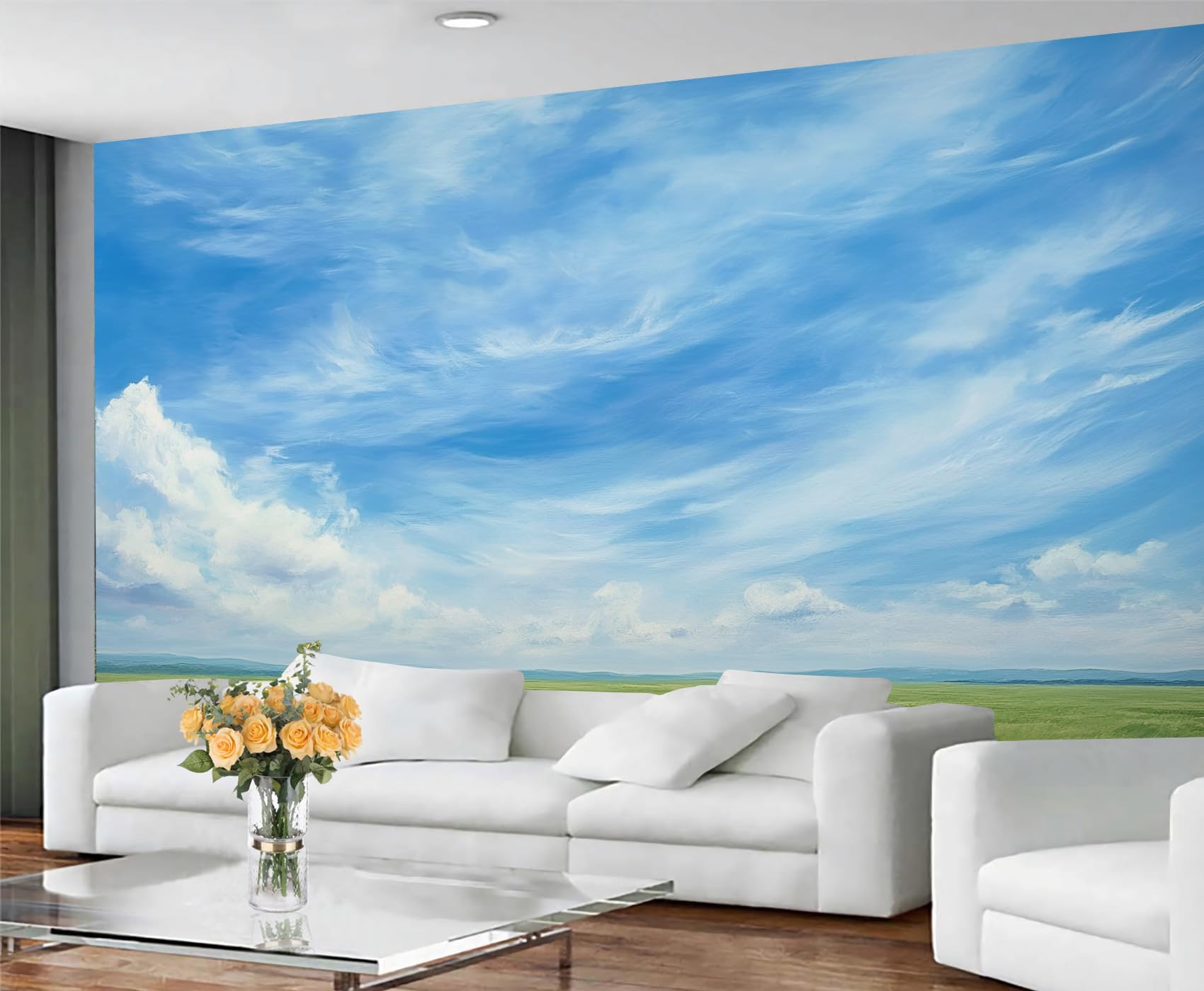 GIVLWF Cloud Wallpaper, Blue Sky Peel and Stick Wallpaper for Bedroom, Grassland Clouds Wall Paper for Living Room, Sky Cloud Wall Mural, Landscape Large Mural & Room Decor
