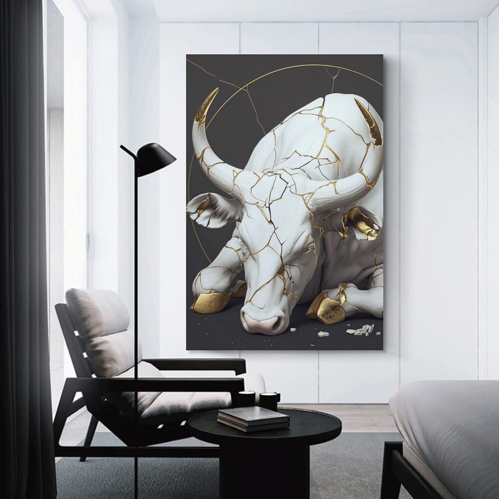 Junmoney Unframe-Style-18 Cracked White And Gold Bull Sculpture Canvas Art Print 24X36inch(60X90cm), For Calm Bedrooms, Home Corners Or Flats, An Easy Wall Refresh For Bedrooms