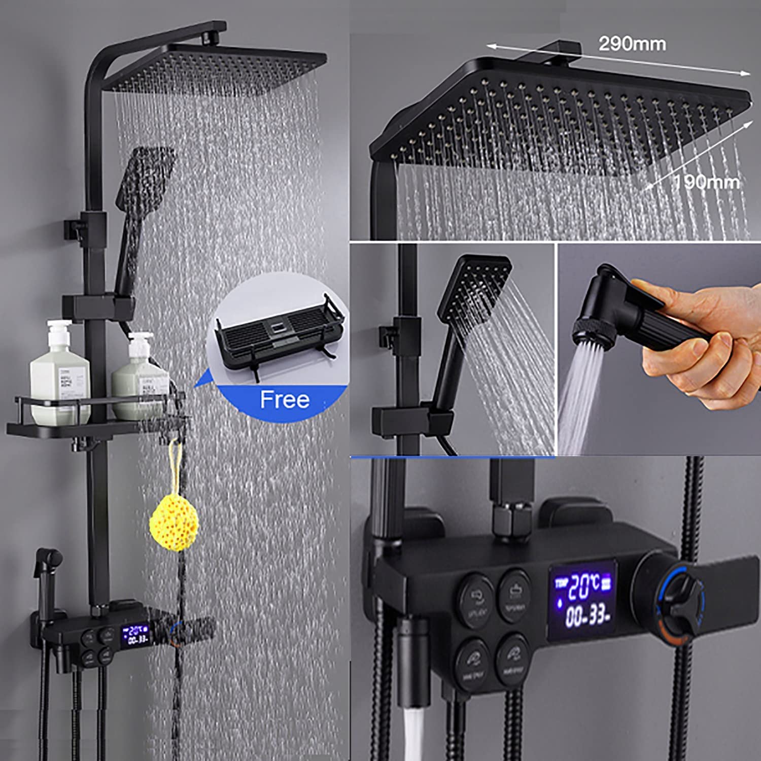 Sistema Doccia termostatico Miscelatore Doccia Nero con valvola per Bagno con Doccia a Mano Display Digitale a LED Rubinetti per Doccia a Pioggia