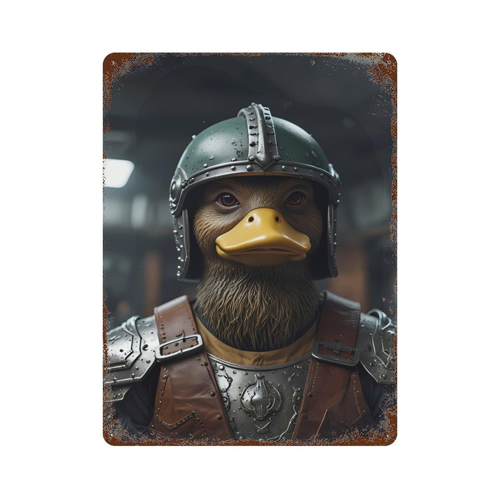 Decorative Tin Sign with Duck in Armor Design 15.7"x11.8", for Basement, Hobby Room And Garage Decor, Rustic Home Decor