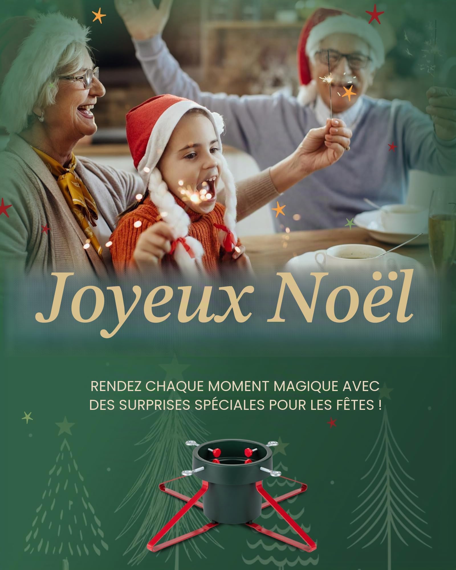 PUDO Pied de Sapin de Noel: Support Pied Sapin de Noël avec réserve d'eau, Pied de Sapin avec roulettes Metal pour Arbres jusqu'à 2,5 m de Tronc 4,5 à 14,5 cm - Christmas Tree Stand Star Rouge Vert