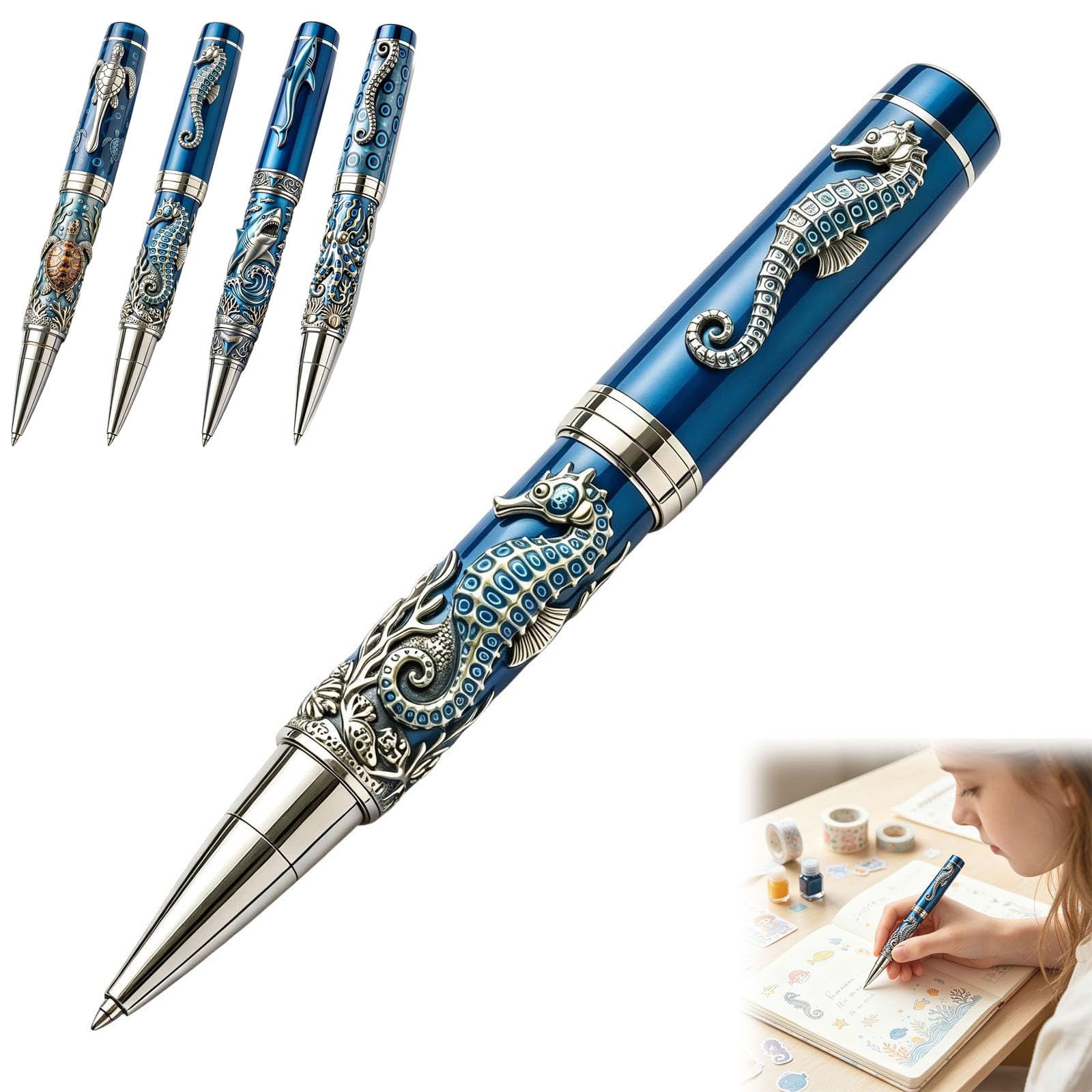 Sea Animal Metal Rollerball Pen,2D Vintage Blue Ringed Octopus Pen，Seahorse