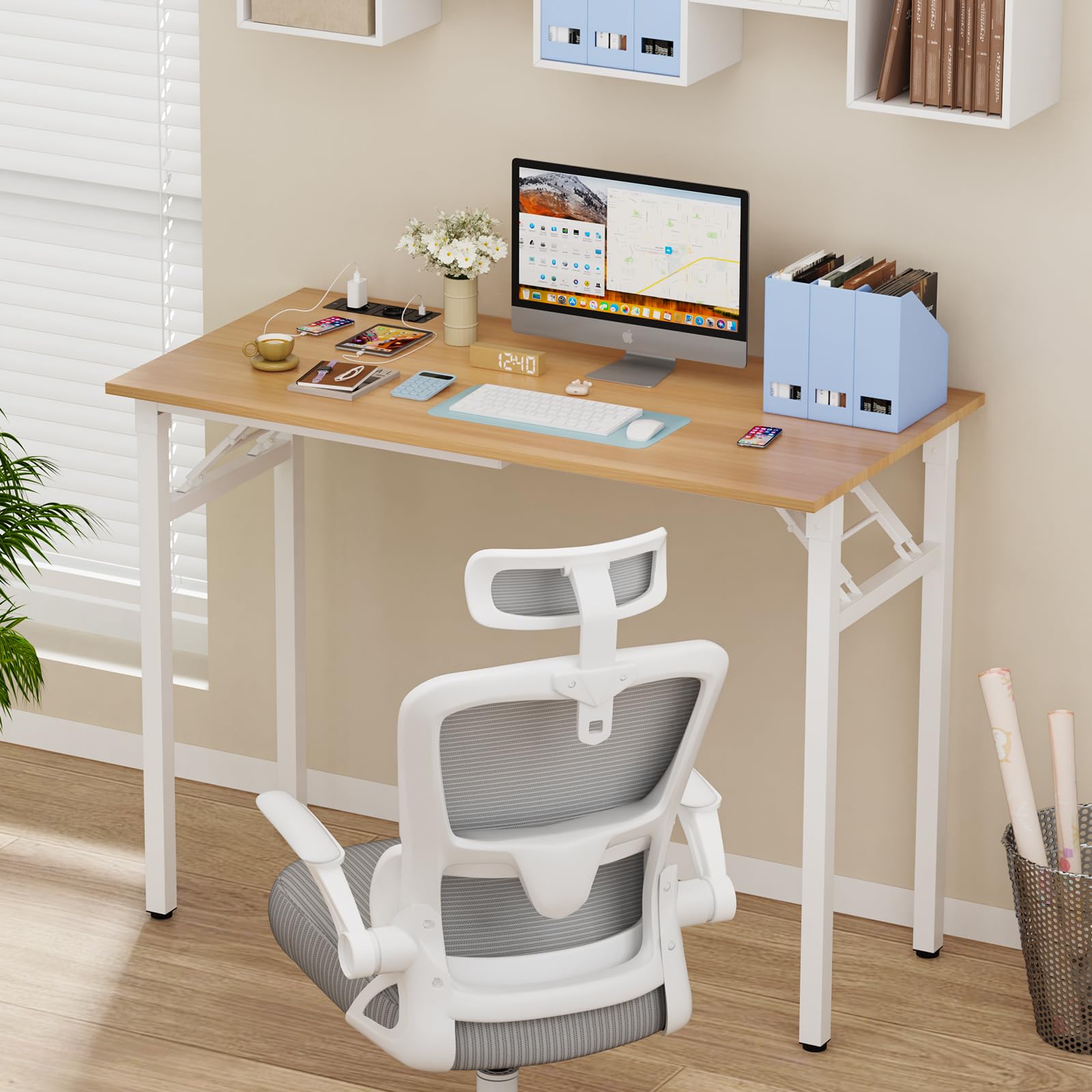 100x50cm Schreibtisch Klappbar, Klappbarer Schreibtisch Kleiner, Computertisch Mit Integrierter Ladestation, Platzsparend, Laptoptisch Klappbar fürs Büro, Homeoffice. (Eiche, 100x50x76cm)