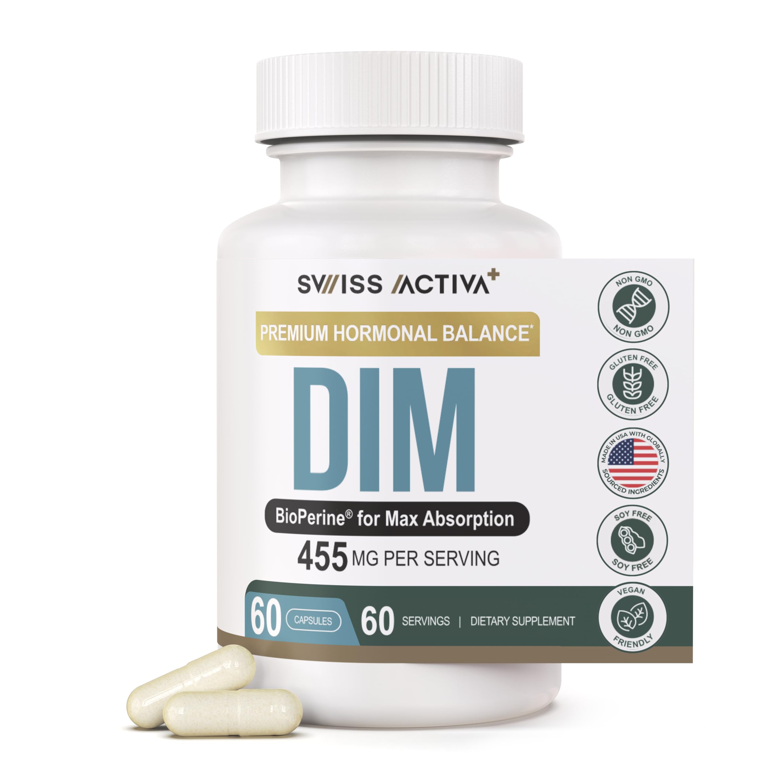 Swiss Activa+ Labs DIM Supplement – New Formula – Hormone Balance for Women & Men – Estrogen Supplement for Women and Men– Supports Hormonal Acne & Menopause Symptoms – 60 Days Supply