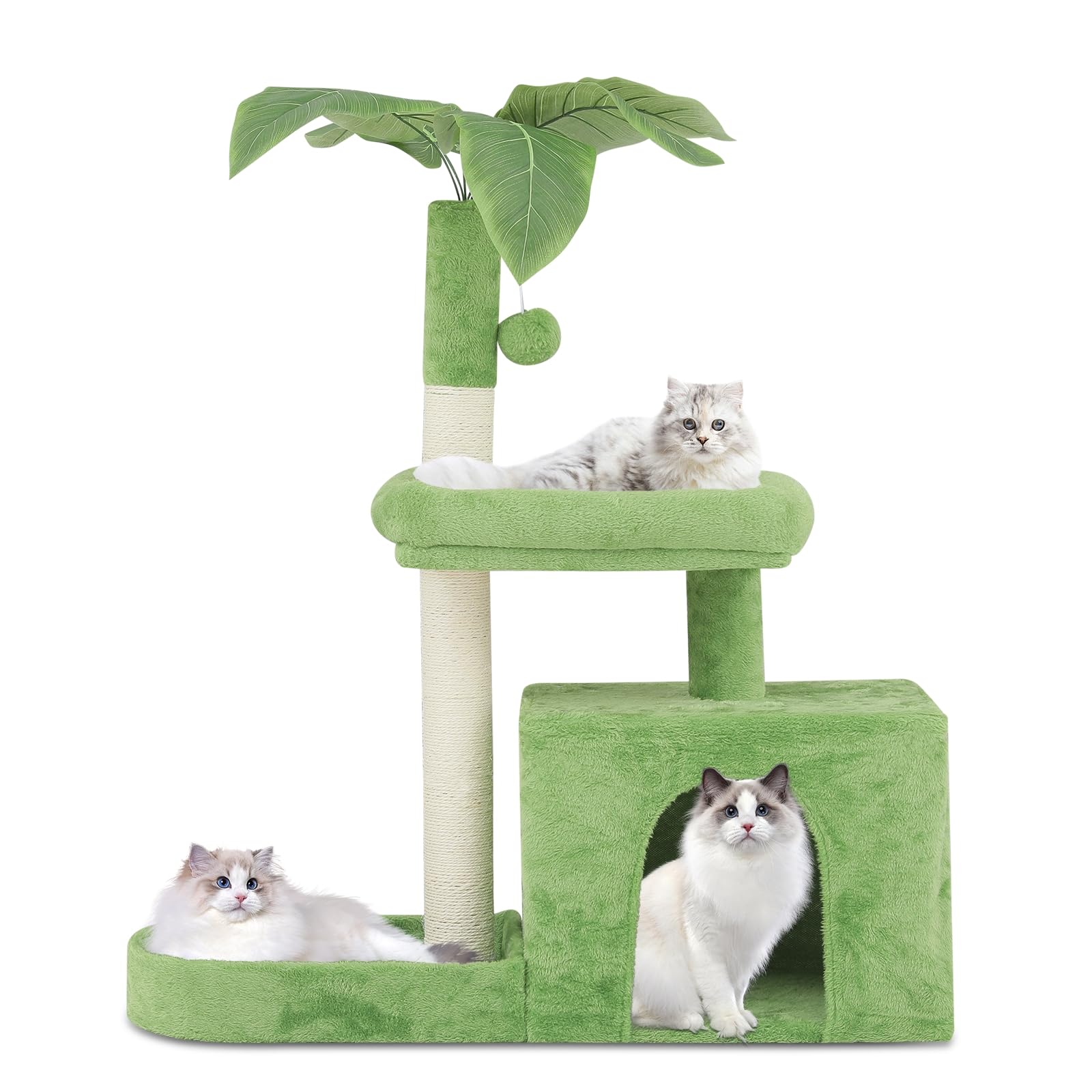 Athena Collection Small Cat Tree Tower with Scratching Post, 32 Inch Modern Cute Cat Tree Condo with Cozy Perch Haing Ball Green Leaves for Kittens Indoor Playing, Light Green