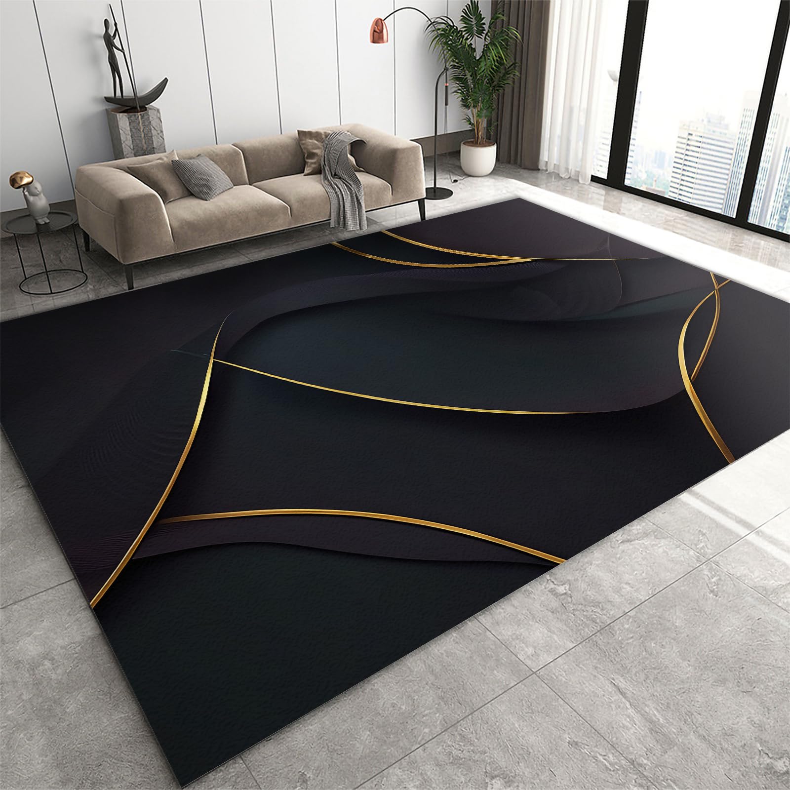 FIEMAR Area Rug 50x80cm Light Luxury Business Style Area Rug, Black Gilt Print Carpet, Large Rugs for Living Room Washable Non Slip Non Shedding Easy Care Foldable for Entryway Bedside Sink