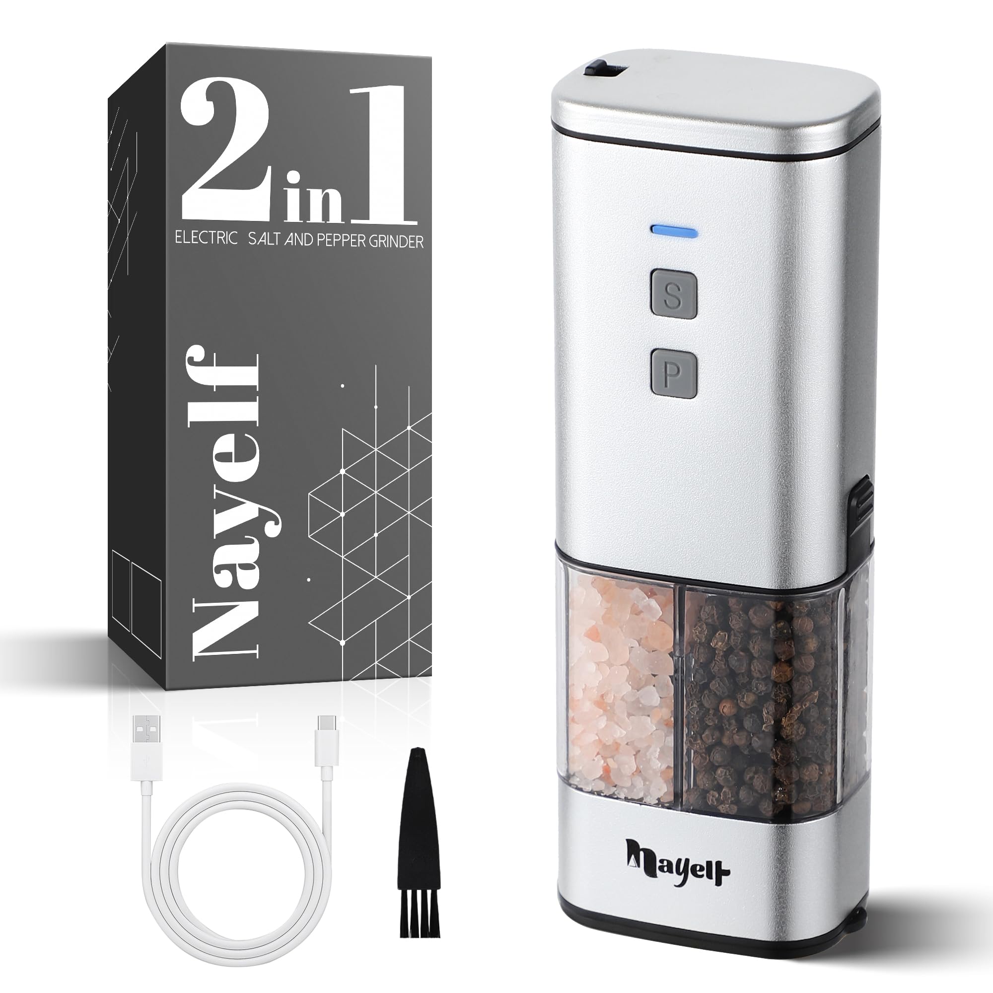 2-in-1 Portable Electric Salt and Pepper Grinder Matte Aluminum Design with LED Light, Adjustable Ceramic Coarseness, Type-C Rechargeable Salt and Pepper Mill Set for Kitchen and Outdoor, Top Storage