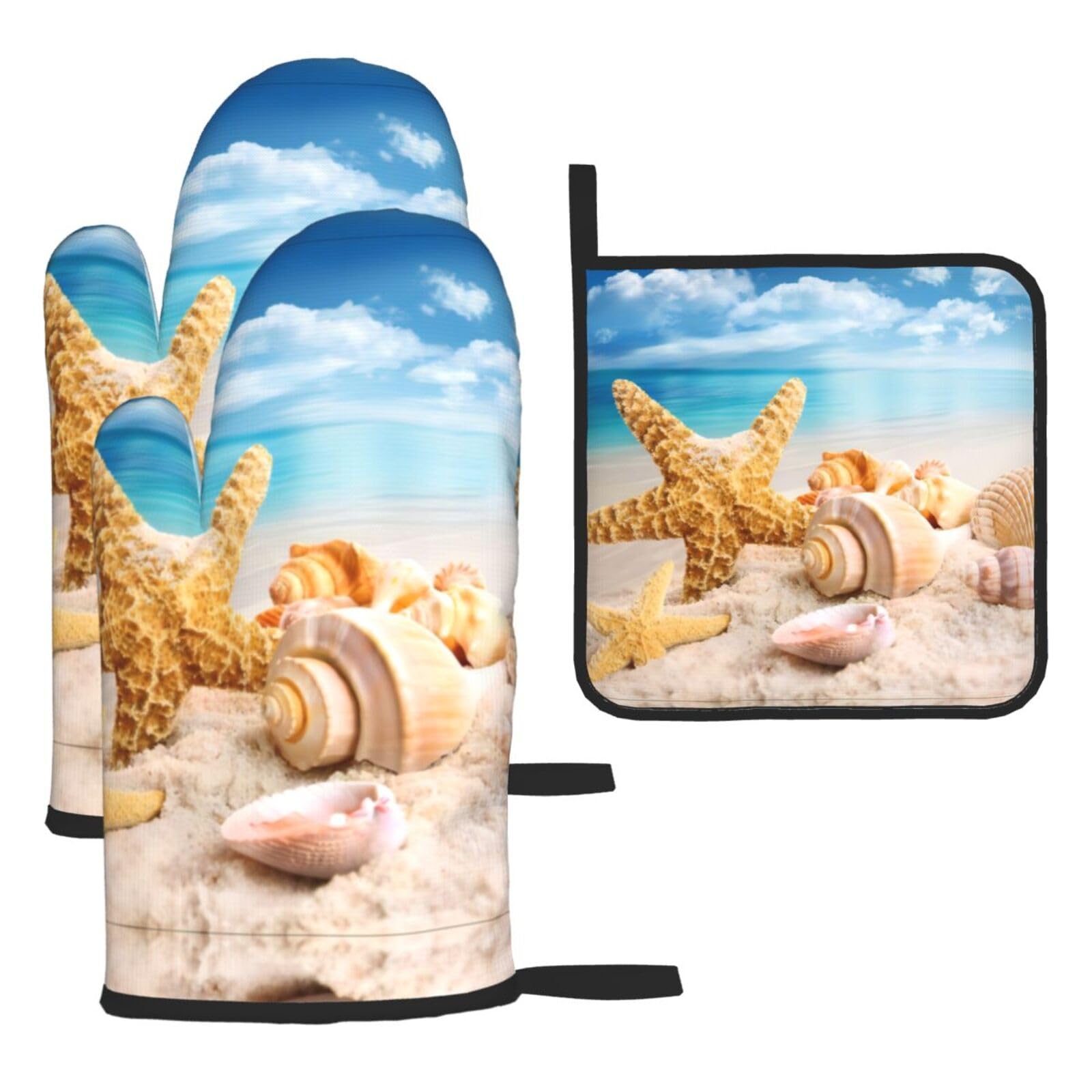 Starfish Seashell Ocean Beach Printed Oven Mitt Set 3-Piece | Heat Resistant Gloves & Pot Holder Mat for Cooking, Baking & BBQ