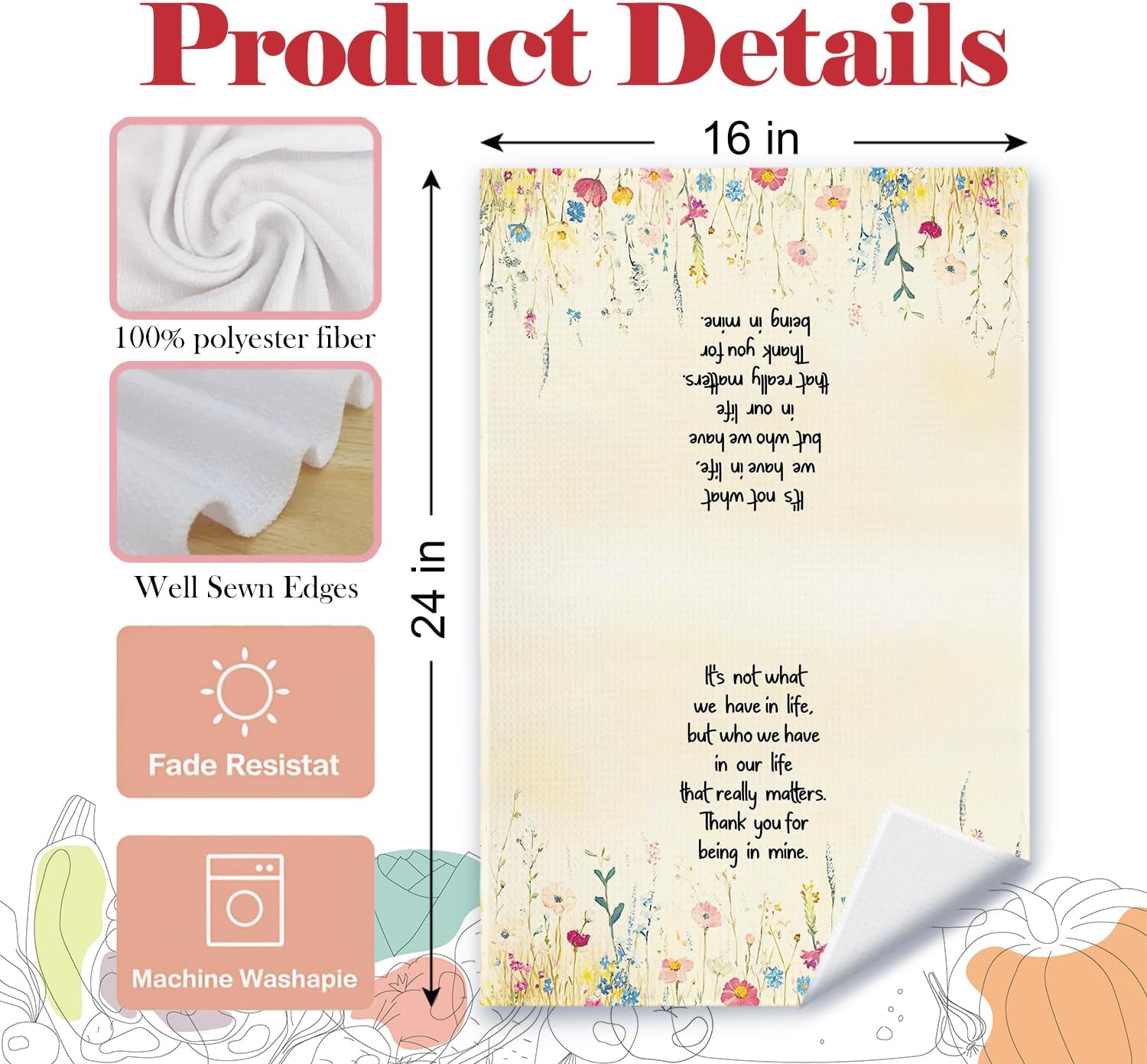 Gifts for Best Friend Kitchen Towels, Friendship Gifts for Women Friends Dish Tea Towels, Thank You for Being in Mine Wildflower Decorative Hand Towel for Bathroom Kitchen, 16x24 Inch