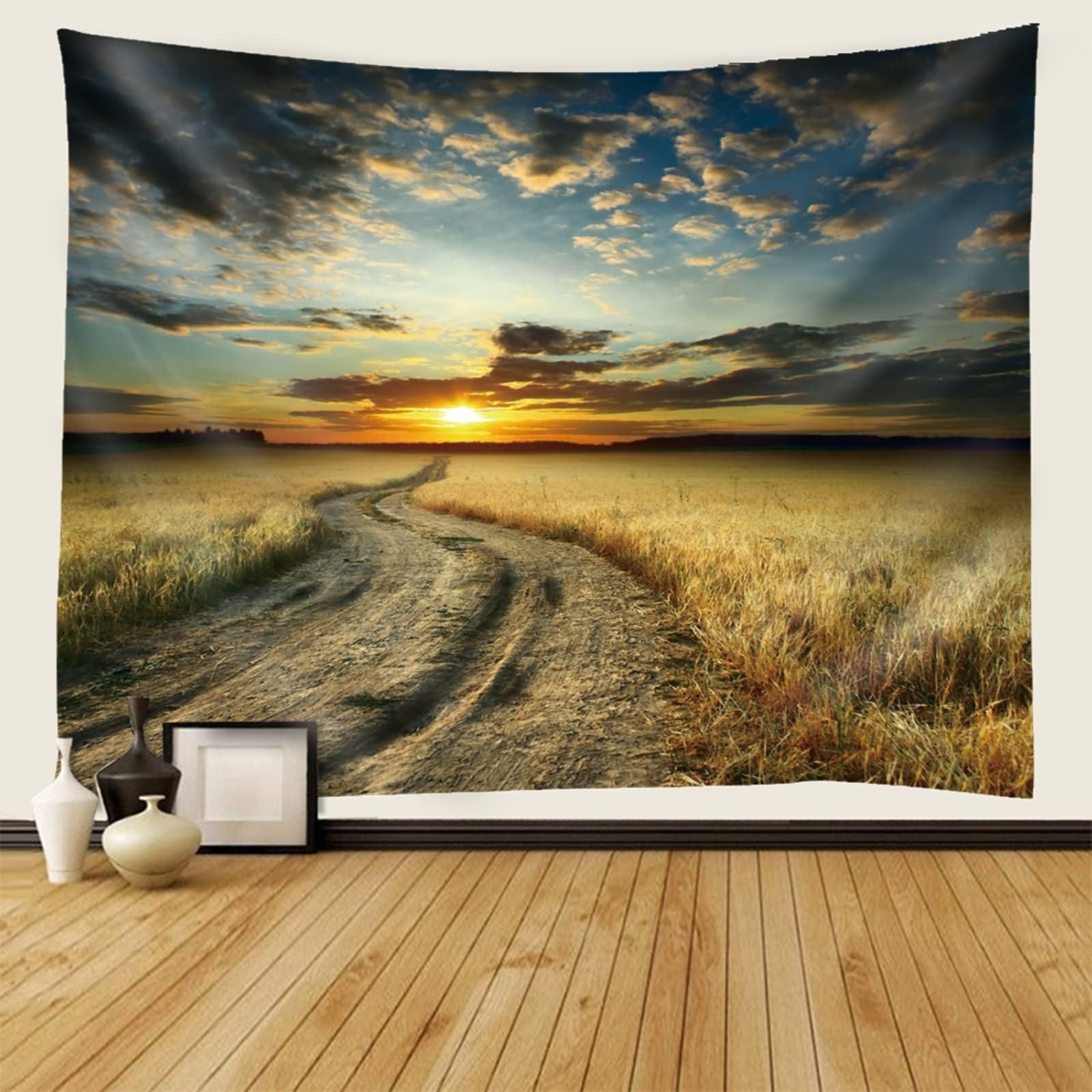 Homxi Tapiz de Sofas 260 x 240 CM,Paisaje de Camino y Atardecer Tapiz para Habitación Poliester Amarillo Gris Azul