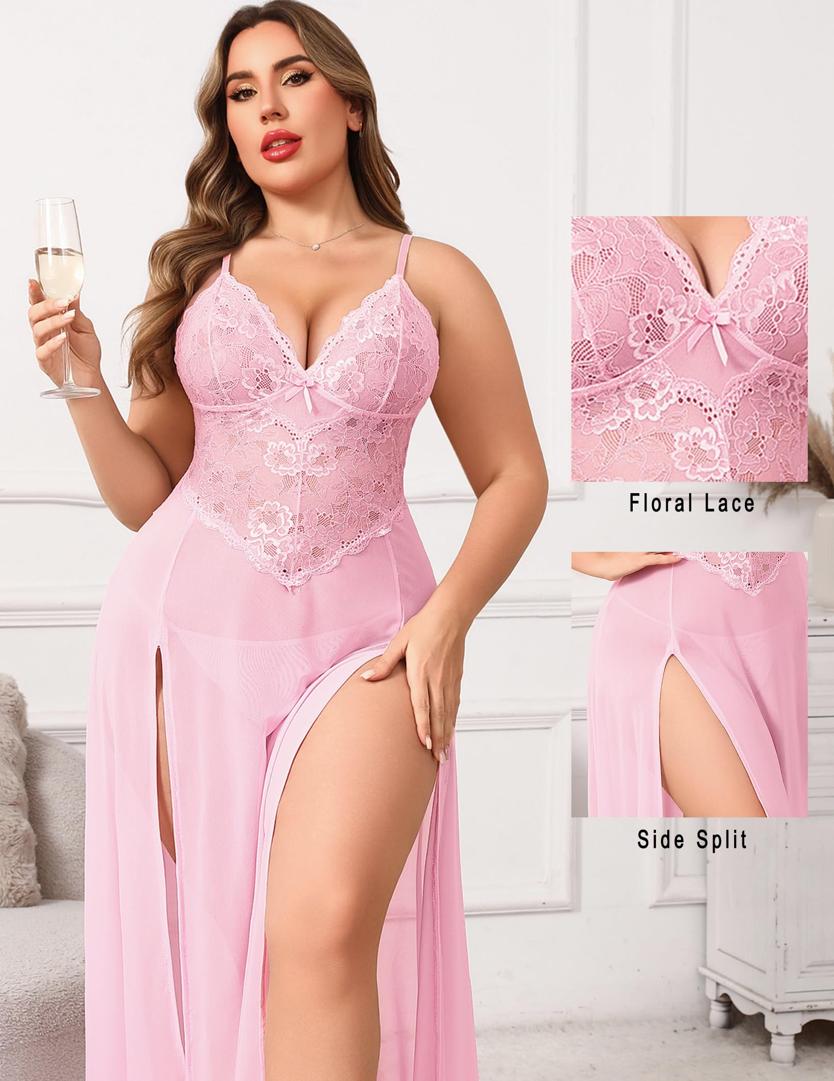 Avidlove Plus Size Lingerie for Women Sexy Lace Babydoll Long Lingerie Dress Side Split Nightgown