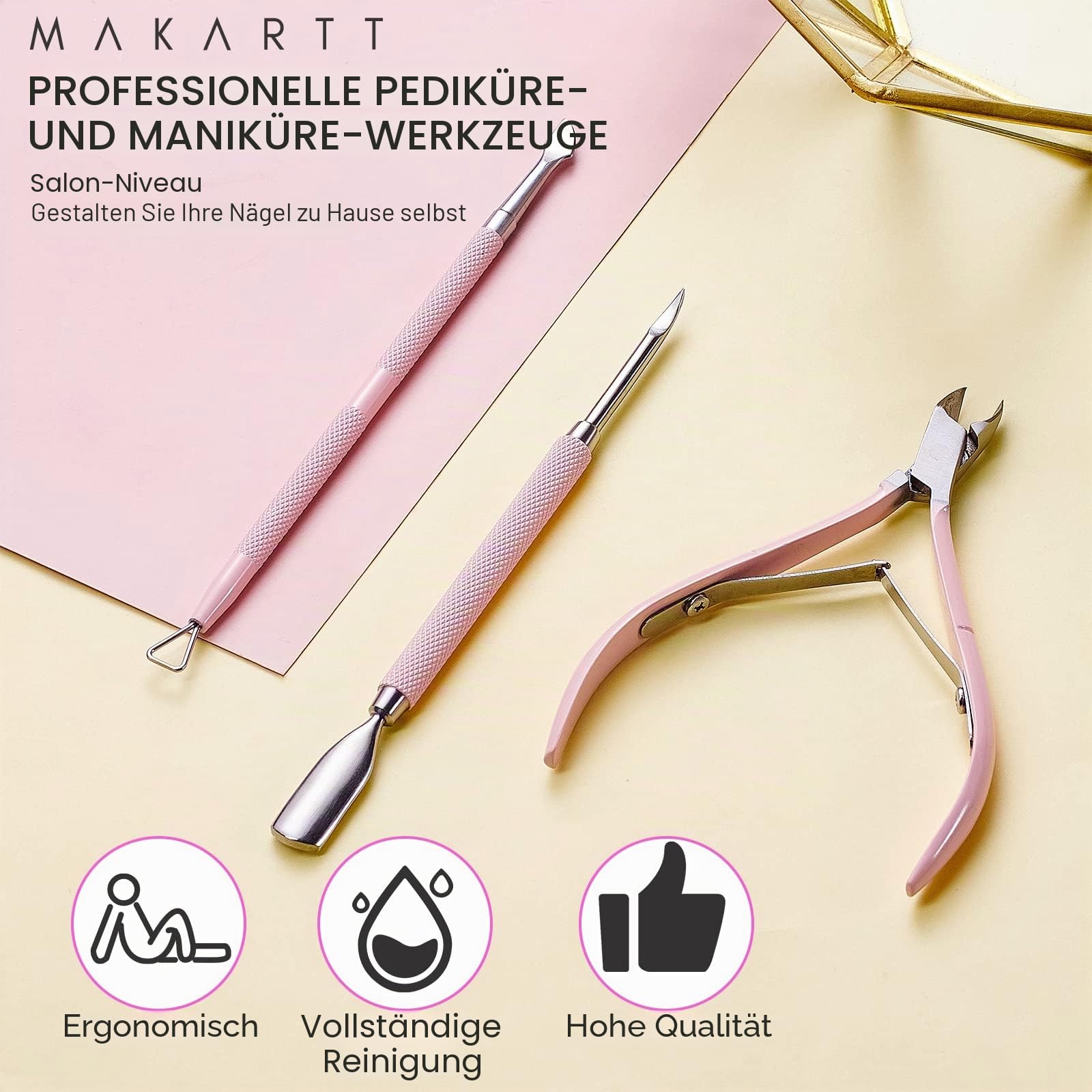 Makartt Nagelhautzange mit nagelhautentferner - 3 Pcs Rosa Cuticle Remover Tool, Professionelle nagelhautschere set mit Edelstahl-Nagelhaut Trimmer, Doppelend Nagelhautschieber und Nagelschaber