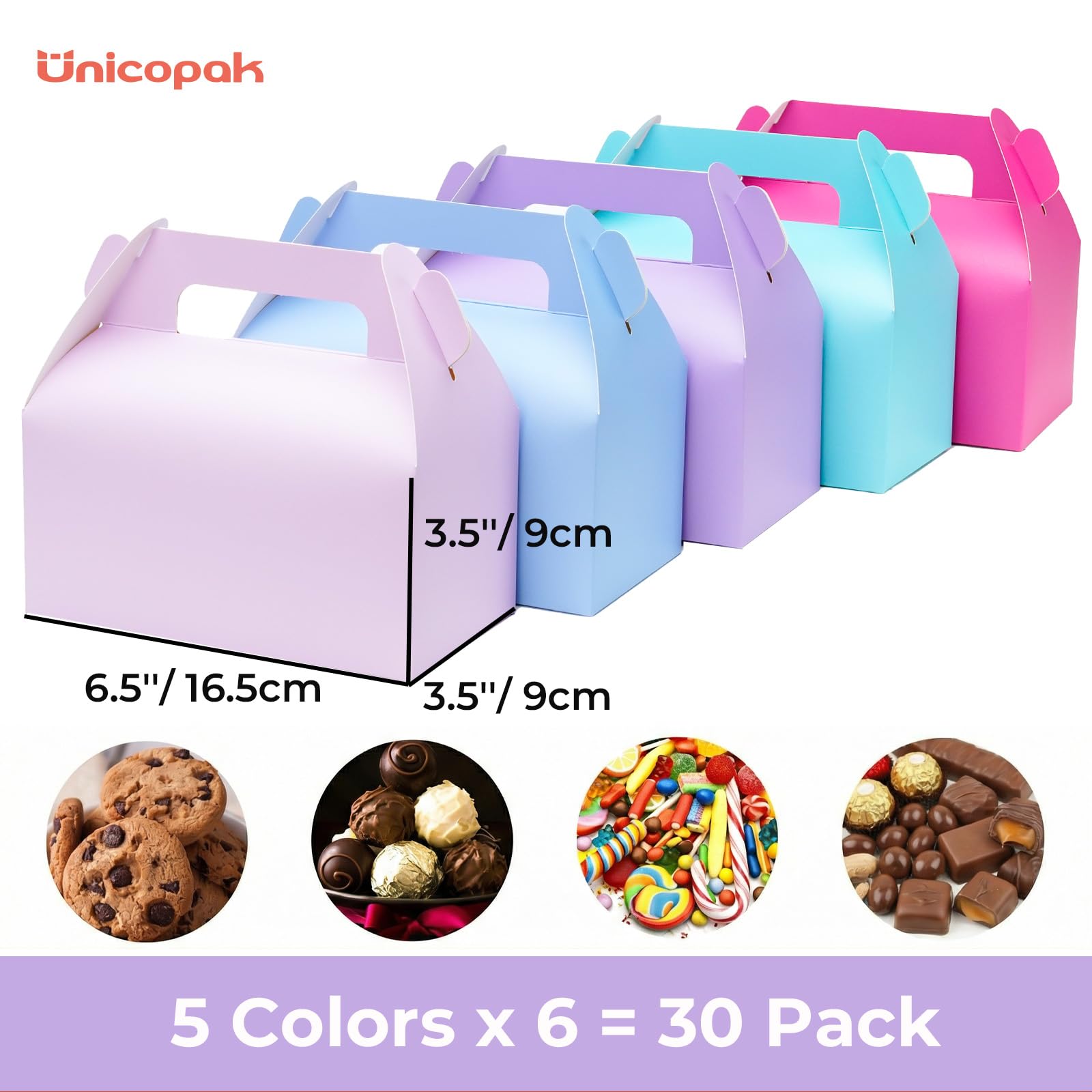 UnicoPak 30 Pack Pastel Gable Treat Boxes Party Favor Goodie Bag Boxes for Candy Treats Goody Cookie Toys for Birthday Party, 6.5x3.5x4 Inches