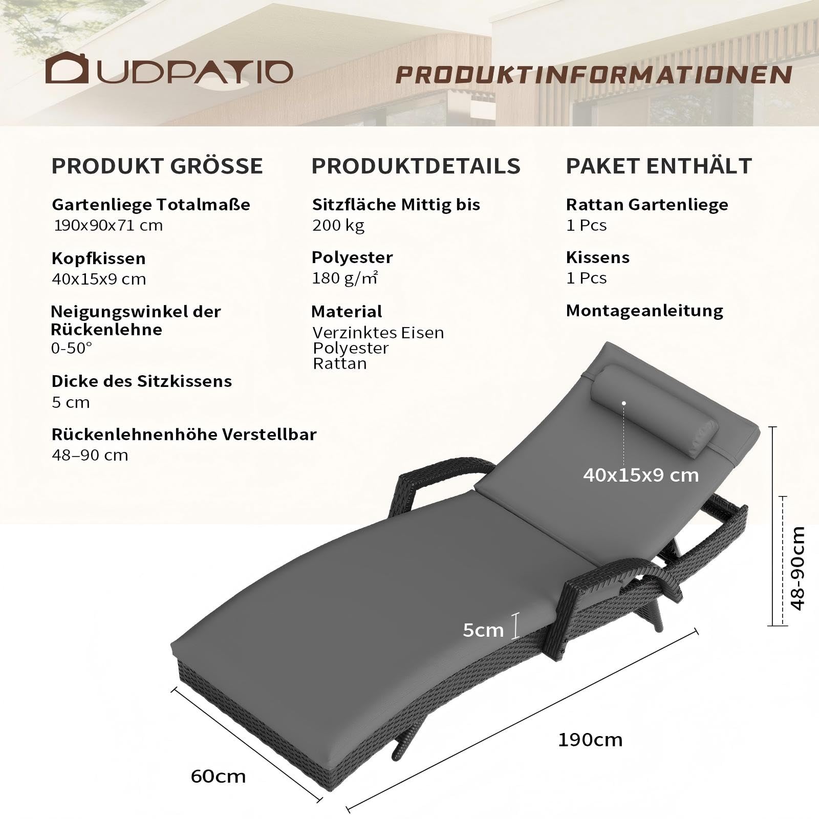 UDPATIO Polyrattan Sonnenliege, 5-Fach Verstellbarer Rückenlehne Gartenliege, Wetterfest Rattanliege mit Polsterauflage & Kopfkissen für Garten, Balkon und Terrasse - Schwarz & Grau Bezüge