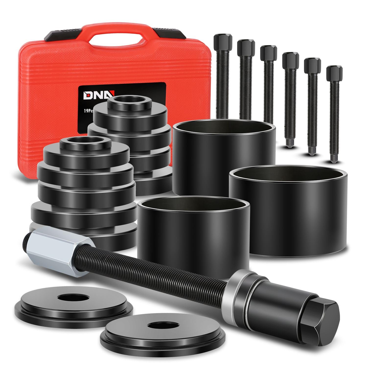 DNA MOTORING 19pcs Front Wheel Bearing Press kit Bearing Puller Tools Wheel Drive Bearing Removal Tool Kit with Sliding Screws Universal Bushings Sleeves Storage Case, TOOLS-00782
