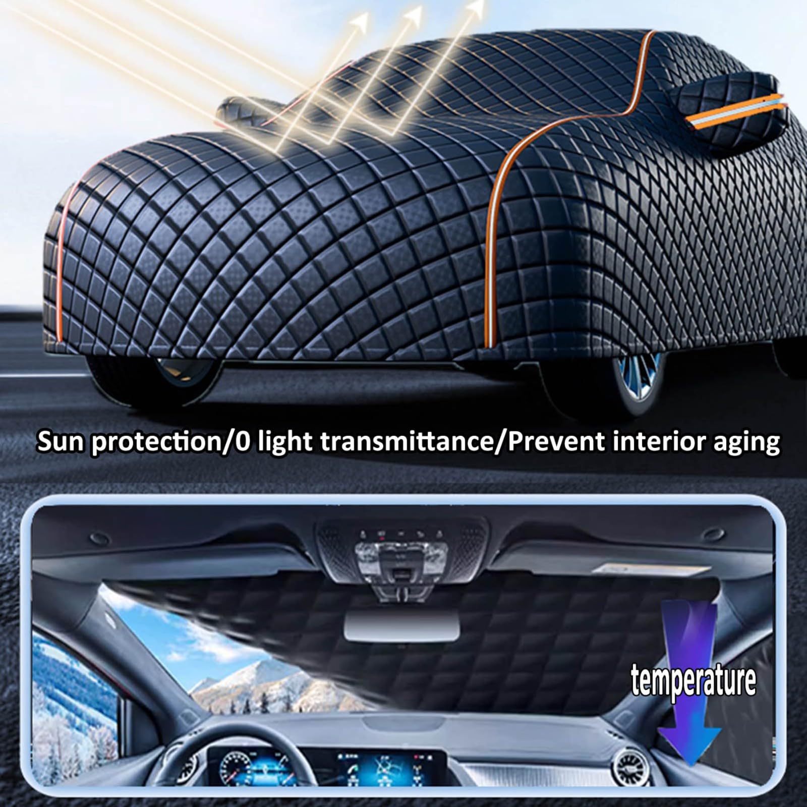 Telo Copriauto Antigrandine per Fia t Grande Panda 2025-2026 Imbottito Impermeabile Traspirante Copri Auto Anti Grandine da Esterno Anti-Graffio Anti-Neve Antivento con Strisce Riflettenti,Nero