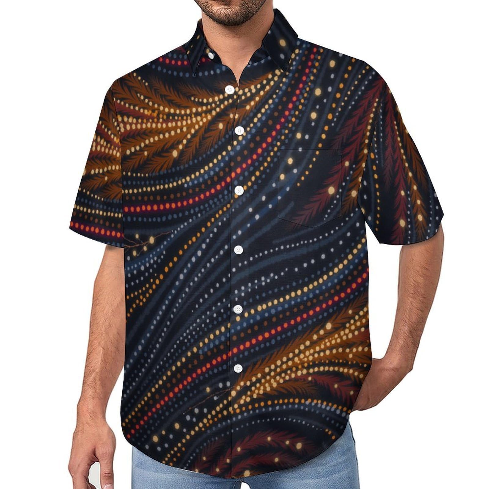Camicia da Uomo a Maniche Corte con Bottoni, Stile Arte Etnica con Stampa Linee A Pois, vestibilità Regolare, Camicie da Spiaggia Estiva Hawaiano, Aloha