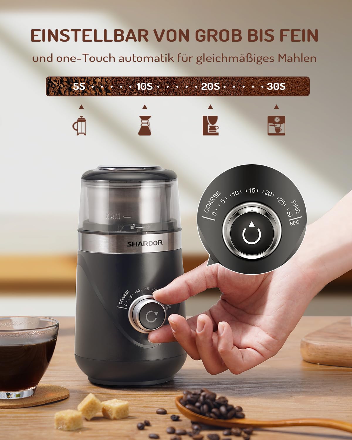 SHARDOR Macina Caffé Elettrico, per la Regolazione Precisa del Grado di Macinatura Macina Caffe, per Chicchi di Caffè, Spezie, Cereali, Noci, Pepe, Zucchero, Macinino Caffe Silenziosi