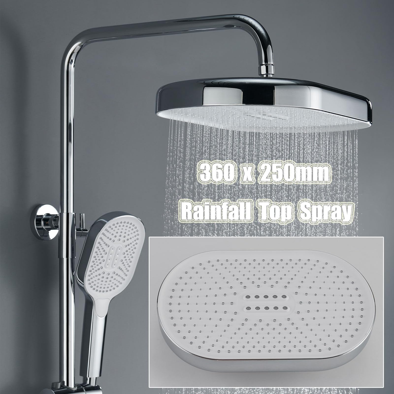 Sistema de ducha termostático, juego de cabezal de ducha moderno y lujoso de 360 x 250 mm, llave de piano, pantalla digital, grifo de baño de cascada, juegos completos y de mano, válvula de cobre