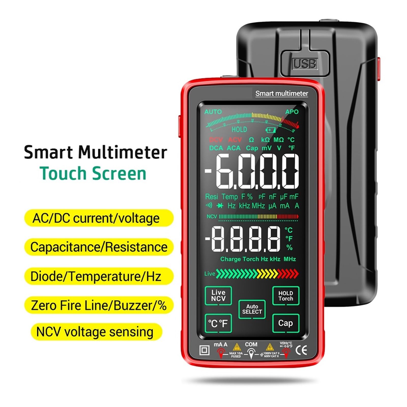 Inteligentny Multimetr Cyfrowy Ekran Dotykowy 6000 Liczy AC/DC Amperomierz Woltomierz Akumulator Ohm Dioda NCV Tester Bezpieczny, Praktyczny, DokłAdny(681)
