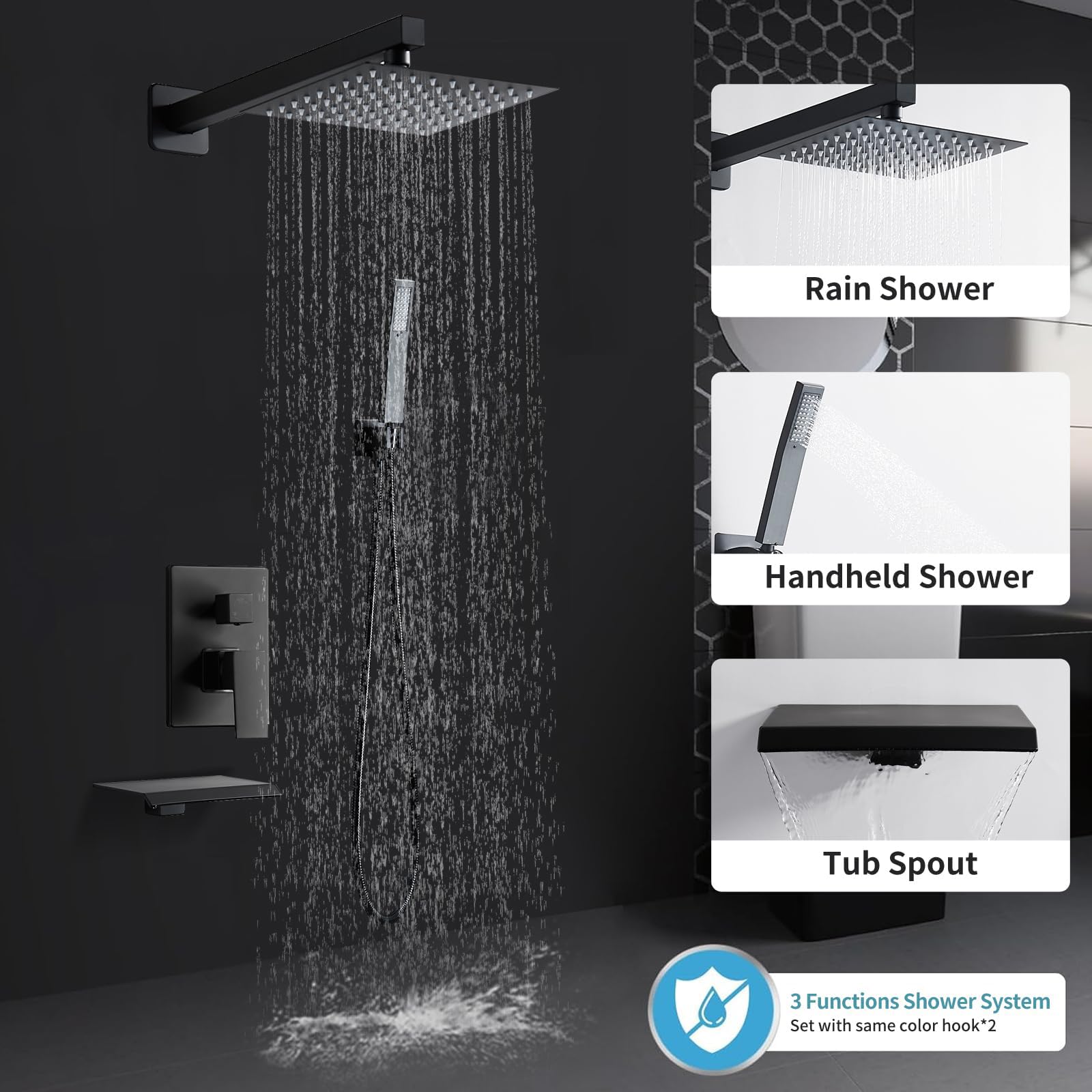 Matte Black Shower Faucet Set - Rainfall Shower -5
