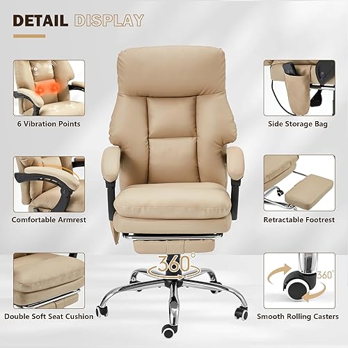 Miniatura 8 de HOMREST Silla de oficina ergonómica con masaje de 6 puntos y calefacción, silla de escritorio ejecutiva ajustable con reposapiés retráctil, silla de