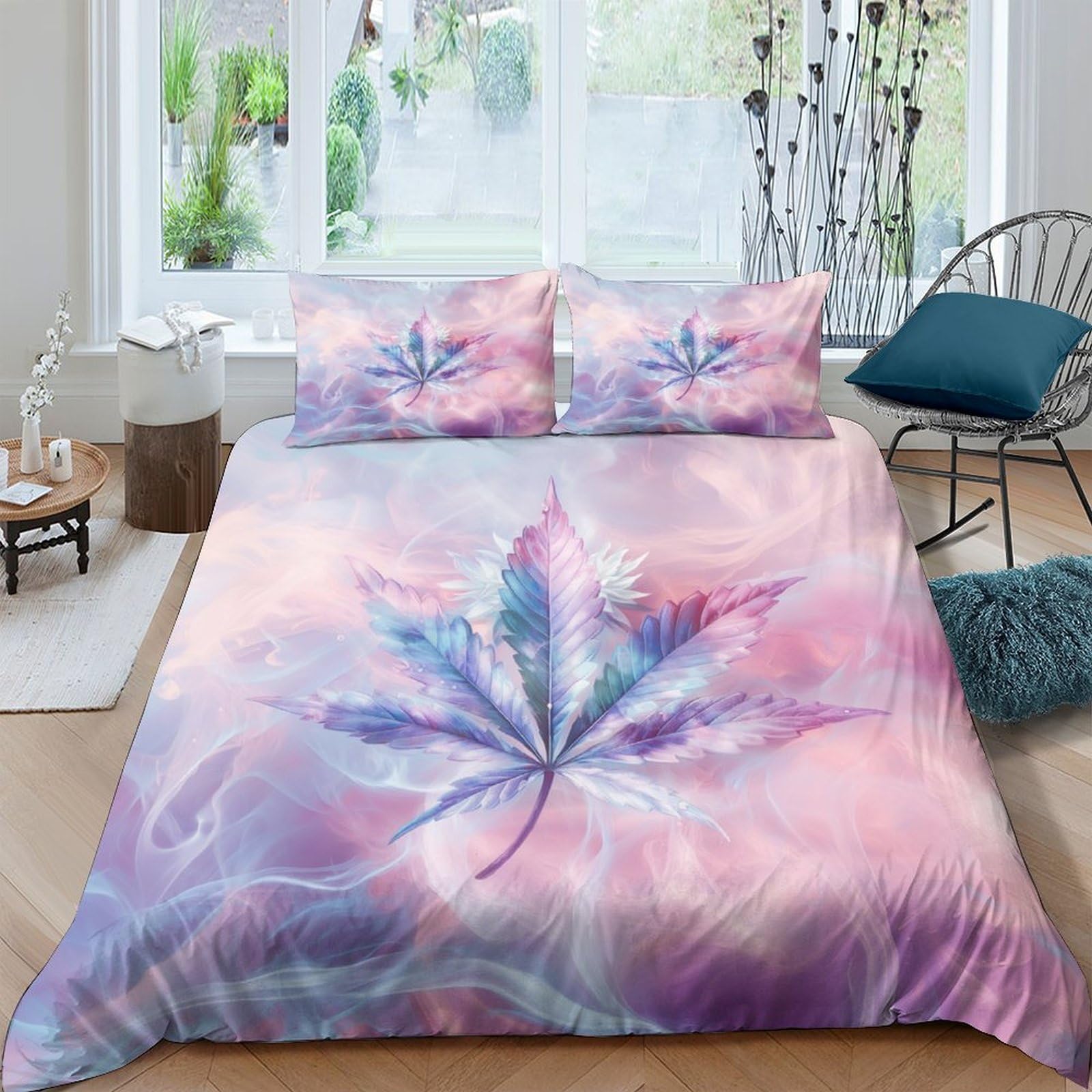 Ctjqhvkz Style-7 3D Printed Pastel Leaf Fitted Sheet Microfiber Soft Bedroom Decor Pink Blue Mattress Cover For Home Dorm Single（135X200cm）