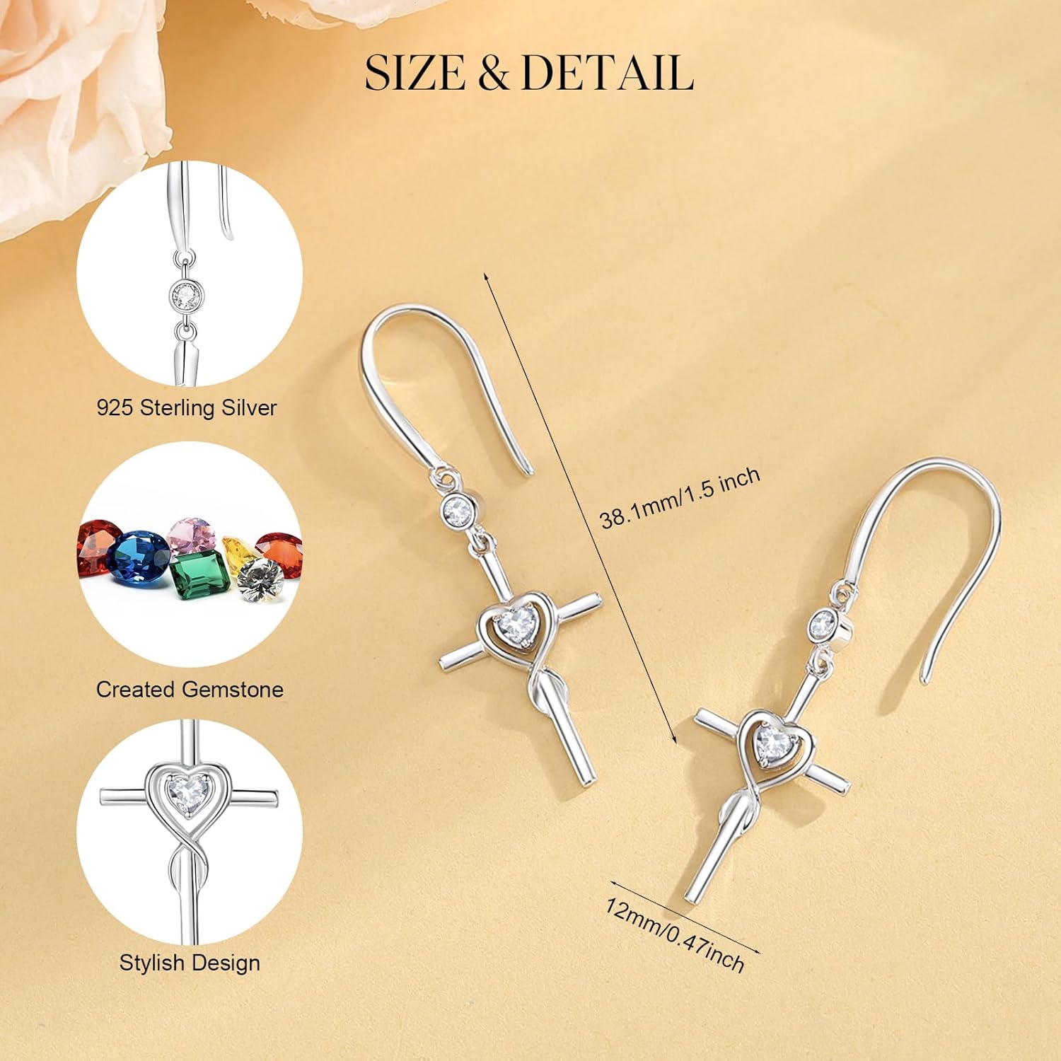 FANCIME Gift for Women Cross Dangle Drop Earrings 925 Sterling Silver Heart Birthstone Earring Fine Jewelry Birthday Gifts for Her Women - Image 2