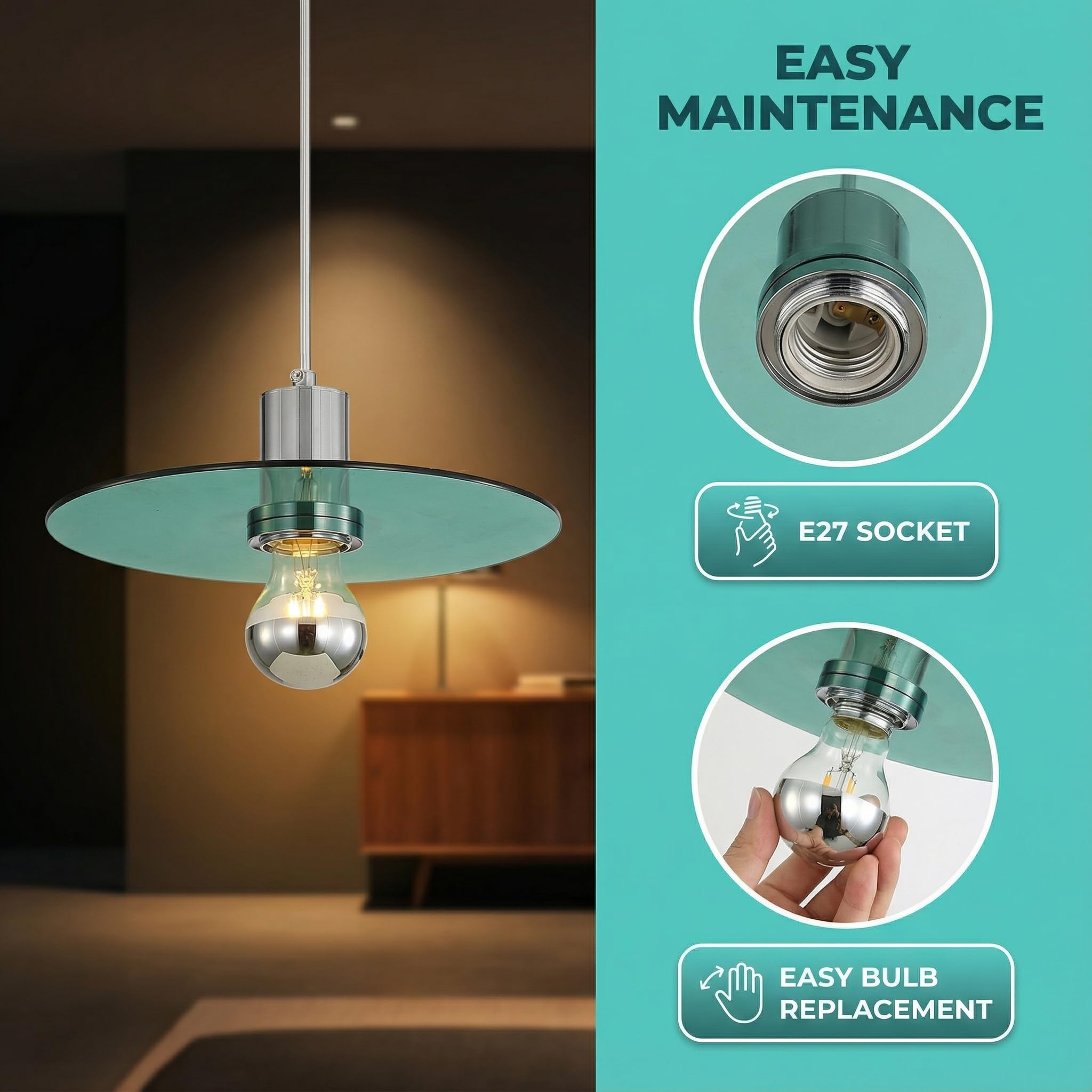 1 Flammig Pendelleuchte Esstisch, Minimalist Hängelampe aus Rund Glas-Scheibe in Grün & Metall in Chrom E27 LED Hängeleuchte für Küche Esszimmer Schlafzimmer & Wohnzimmer