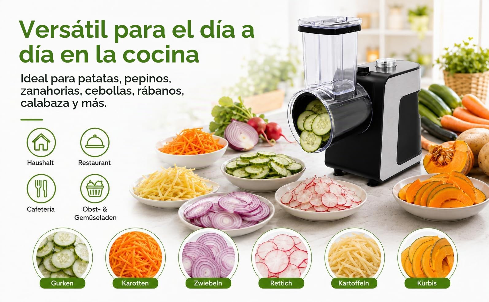 1000 W rallador eléctrico con 10 cuchillas de acero inoxidable, corte de verduras eléctricas para zanahorias, queso, pepino, cebollas (Negro)