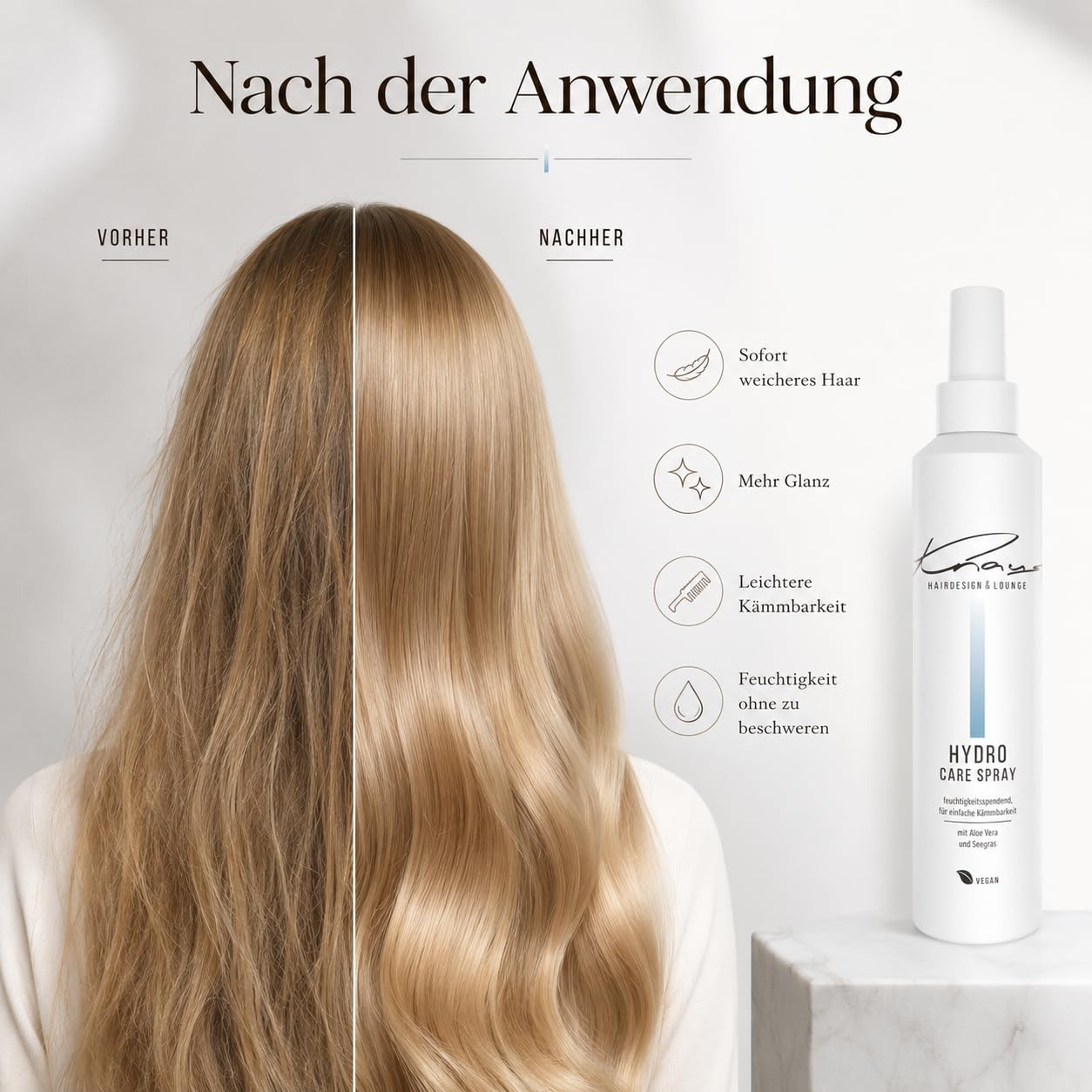 Knaus Hydro Care Spray Friseur Leave-In Conditioner mit Aloe Vera Seegras und Panthenol für alle Haartypen, Salon Pflege-Spray ohne Ausspülen verbessert Kämmbarkeit und Glanz Vegan 200ml