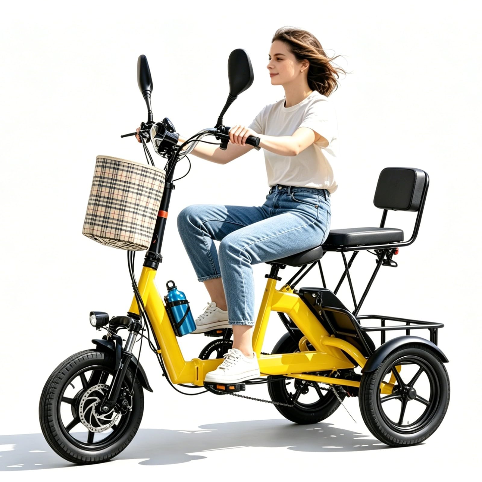Bici Elettriche,Triciclo Elettrico,Triciclo Pieghevole,E-Bike A 2 Posti,Batteria Rimovibile,Bicicletta Elettrica A 3 Ruote con Telaio Ribassato,Triciclo per Adulti E Genitori Yellow