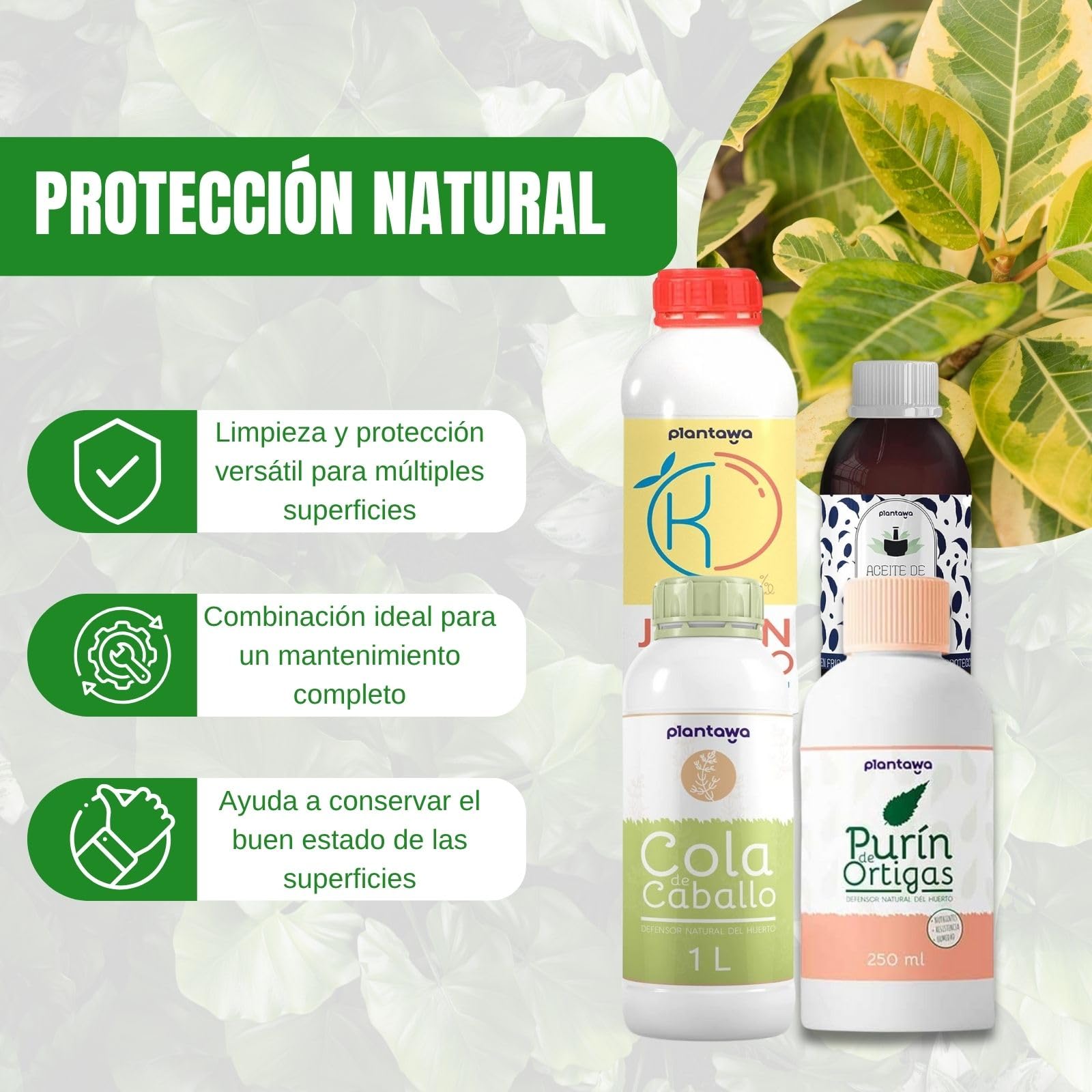 PLANTAWA Protección TOTAL: Jabón Potásico 1L, Aceite de Neem 250ml, Purín de Ortiga 1L, Cola de Caballo 1L | Solución Versátil | Fácil Aplicación | Cuidado Eficaz y Seguro