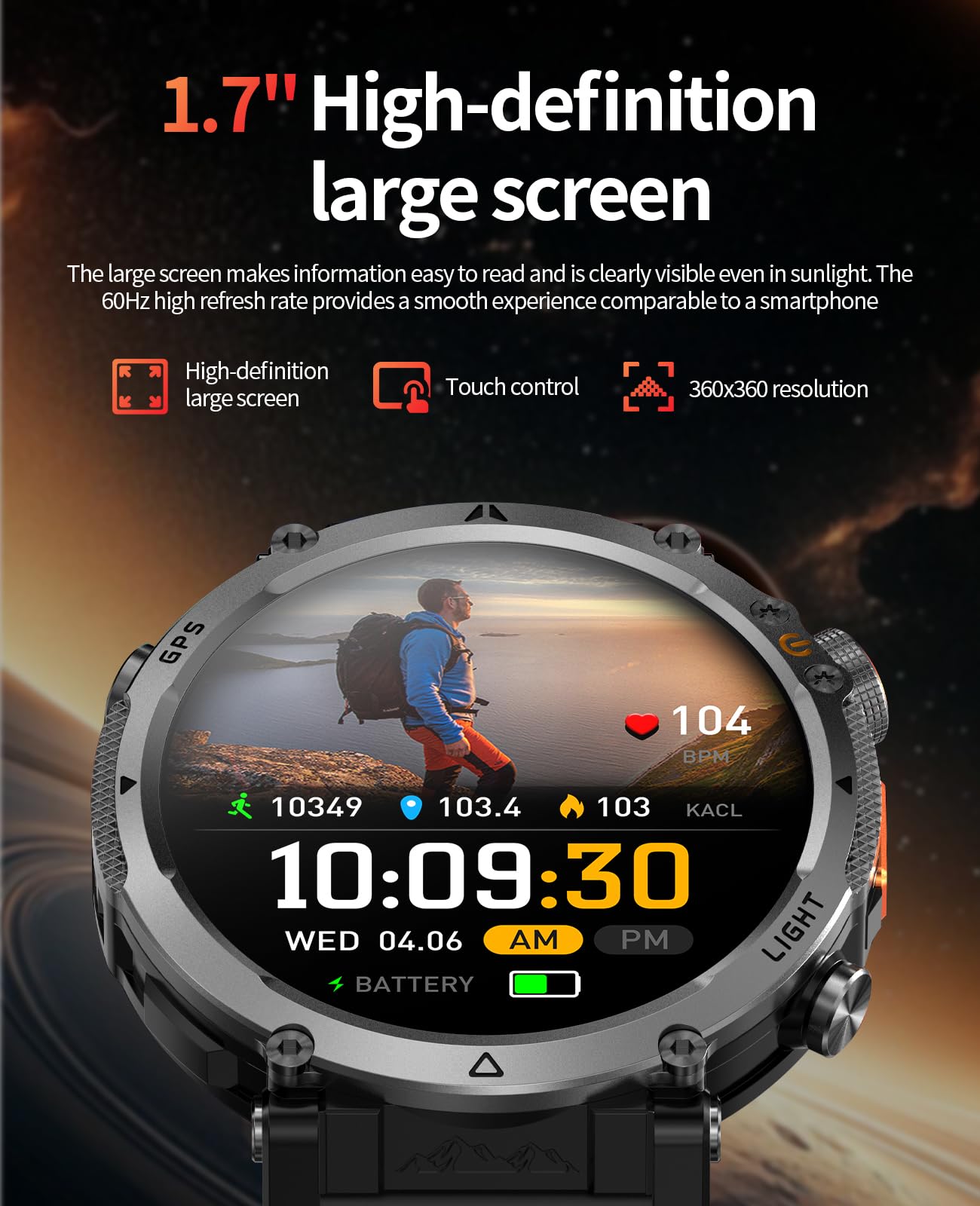 Orologio sportivo GPS da uomo, con schermo HD da 1,7 pollici, torcia a LED, durata della batteria 850 mAh, modalità multi-sport, cardiofrequenzimetro, Bluetooth, chiamate, smartwatch militare per
