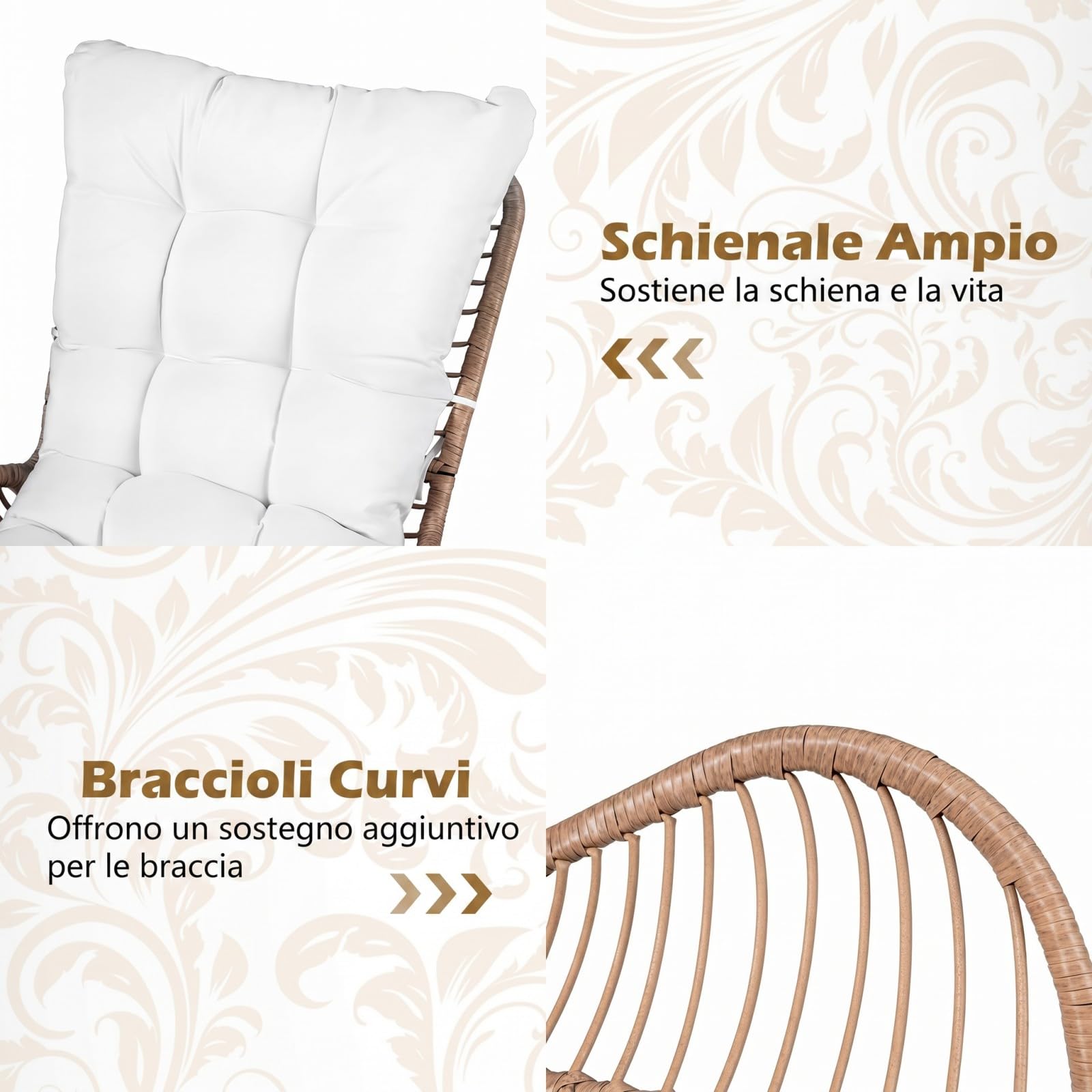 COSTWAY Poltrona Relax da Giardino, Sedia in Rattan con Cuscino Morbido, Telaio in Metallo, Poltrona Ergononica in Rattan per Giardino, Balcone Soggiorno, Portata 180 kg (Bianco,1)