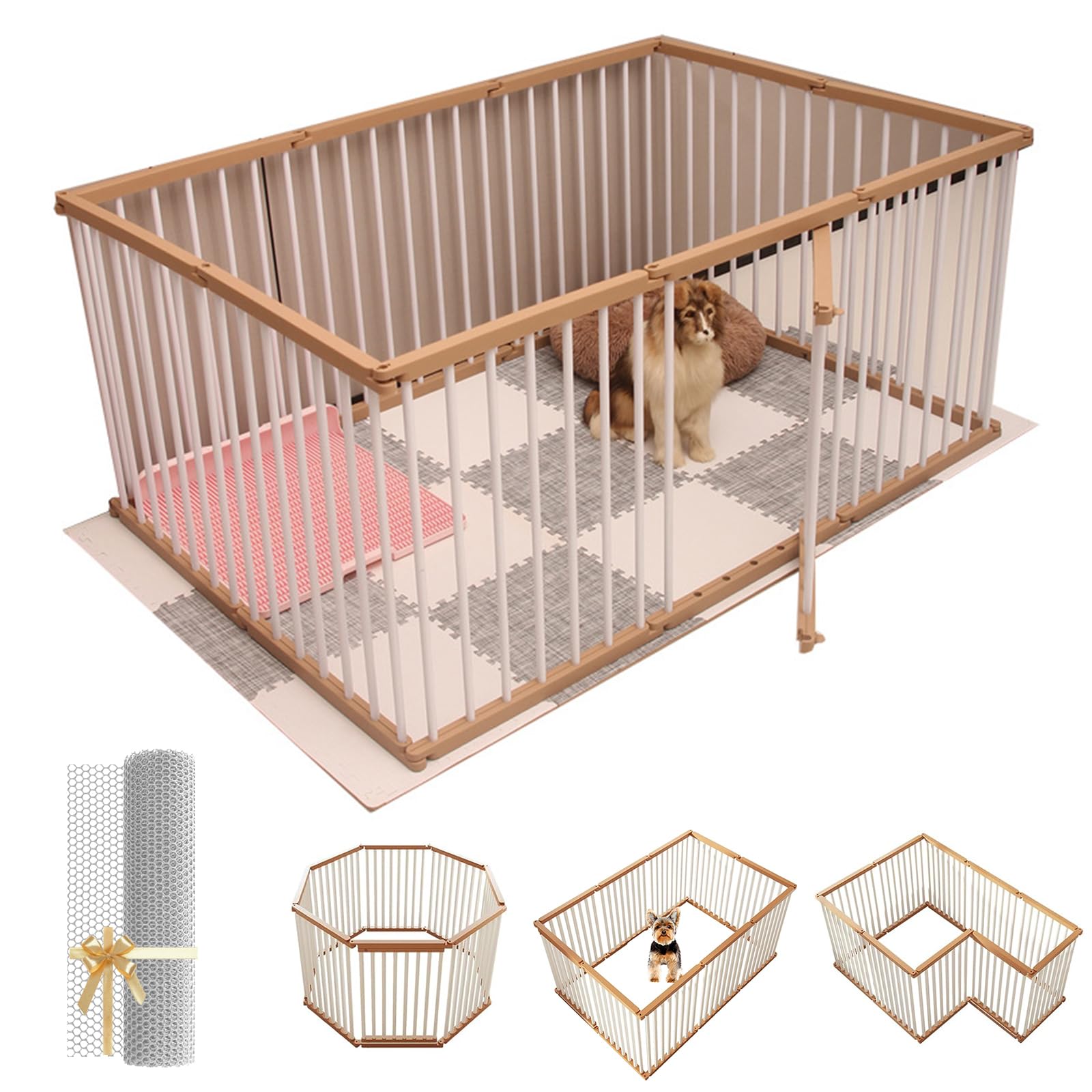 LIODUX Dog Playpen, 8/10/12 Panels Pet Enclosure with Door, Fence Portable Puppy Exercise Pen with Anti-escape Nets, Heavy Duty Dog Crate Cage Kennel for Small & Medium Dogs (Beige, 10 Panels)