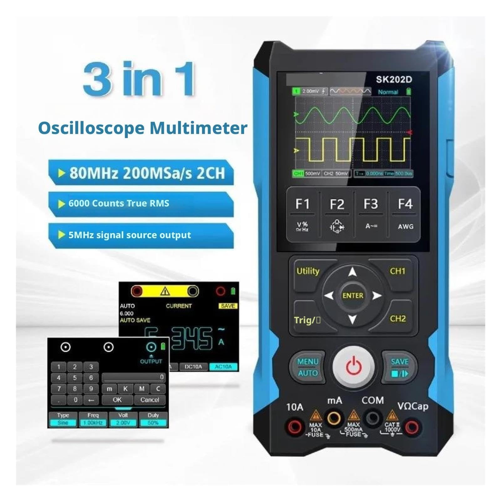 Osciloscopio Digital Multímetro Digital 3 en 1 Generador de señal osciloscopio 80MHz 200MSa/s 6000 Cuentas True RMS