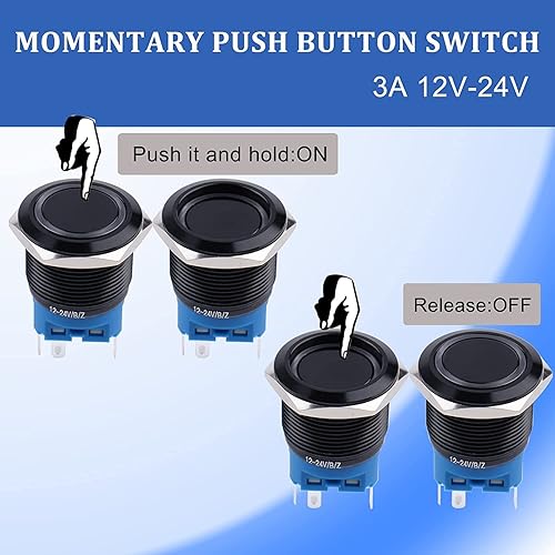 Vista 18 de Interruptor de botón momentáneo de 0.748 in, impermeable, 12V-24V, 1NO 1NC, anillo de interruptor de botón de aleación de aluminio negro LED
