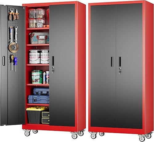 Miniatura 9 de SUXXAN Gabinete de almacenamiento de metal para garaje con 2 puertas, estantes ajustables con cerradura, práctico baúl de garaje móvil duradero,