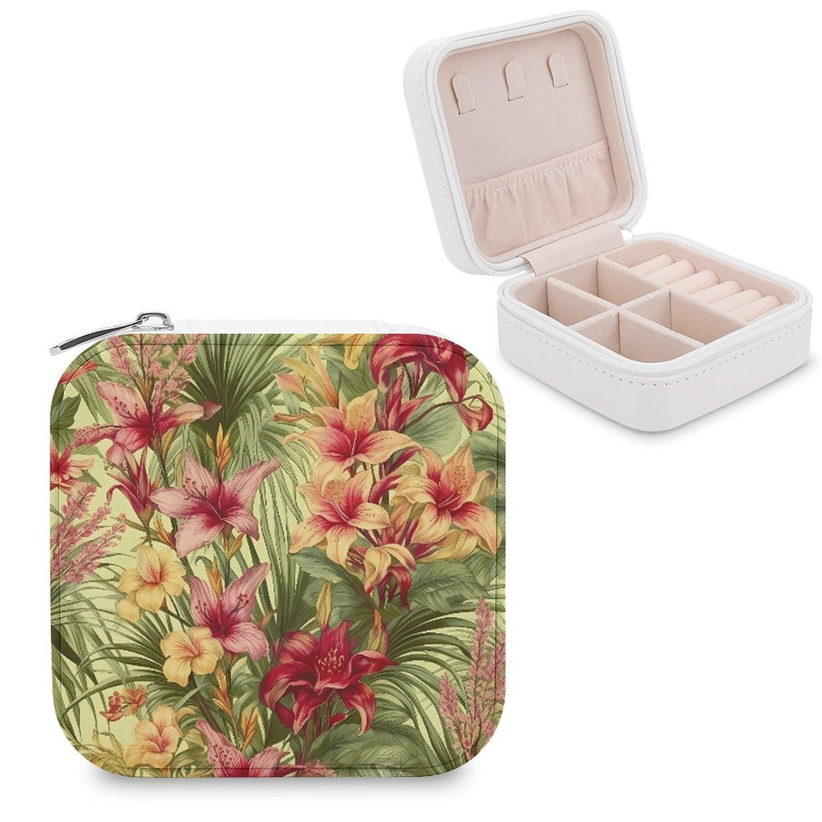 FekiLoot Tropical Palm Flower Jewelry Case Personalized Leather Jewelry Box Mini Travel Jewelry Case Small Portable Jewelry Organizer for Ring Earrings Necklace Bracelet