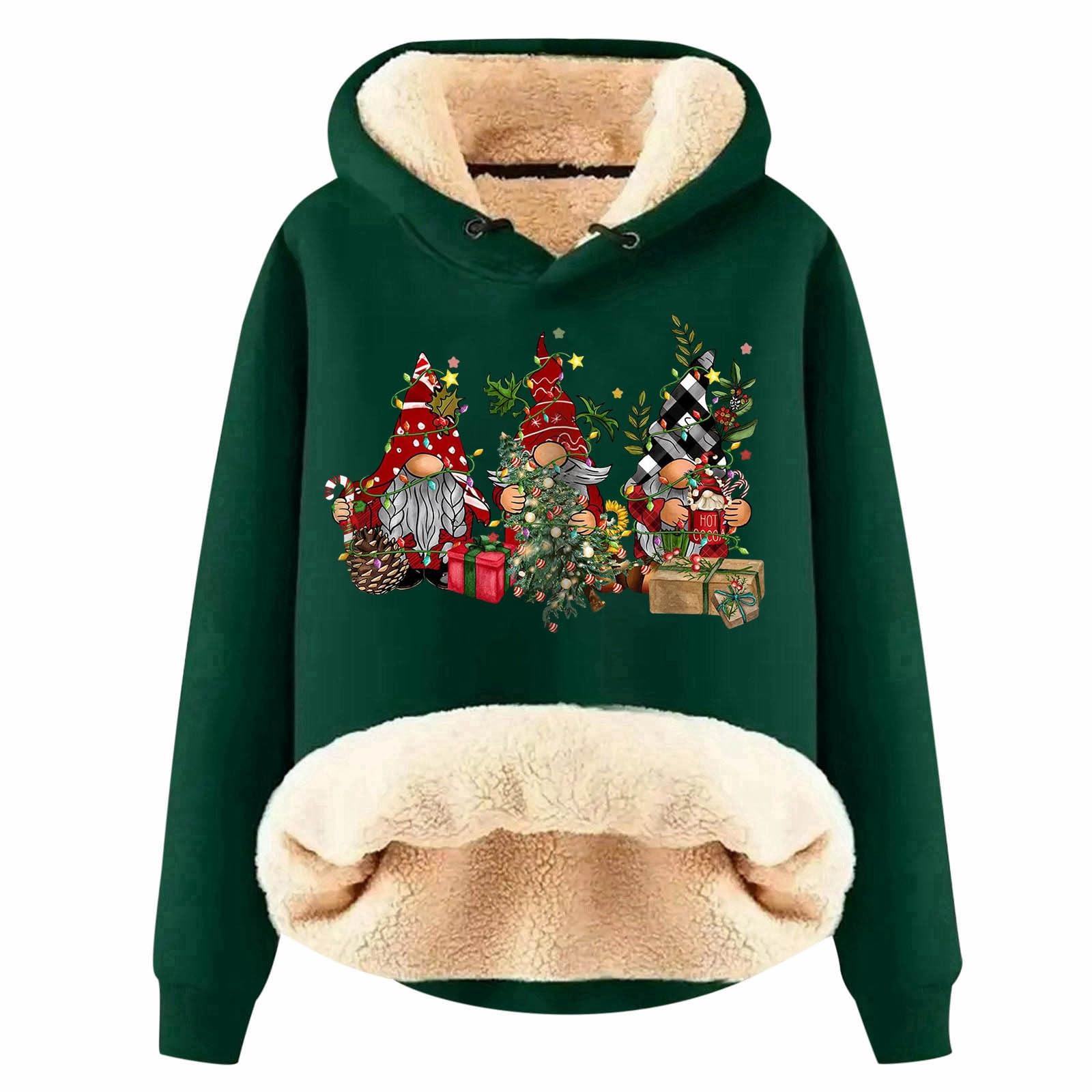 OUMSHBI Fleece Hoodies For Women Uk Christmas Gnome Print Ladies Jumpers Hooded Sweatshirt Drawstring Pullover Tops Autumn Winter Warm Outwear Xmas Funny Oversized Hoodie Women Jumper Sweatshirts