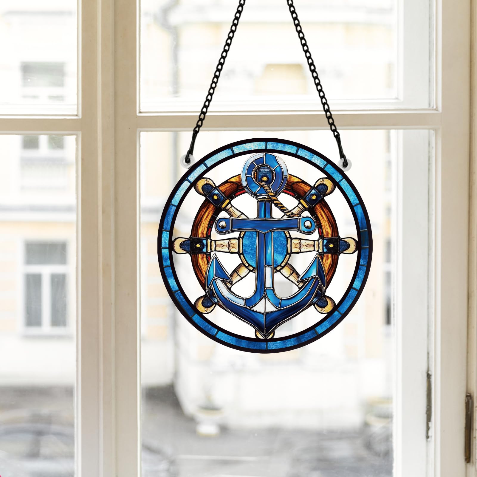 PLIGREAT Painted Rudder Anchor Stained Suncatcher Window Wall Art Hanging Ornament Blue Acrylic Light Catcher Art Crafts for for Garden Bedroom Home Indoor Outdoor Hanging Decor Women Men Gift - Image 3