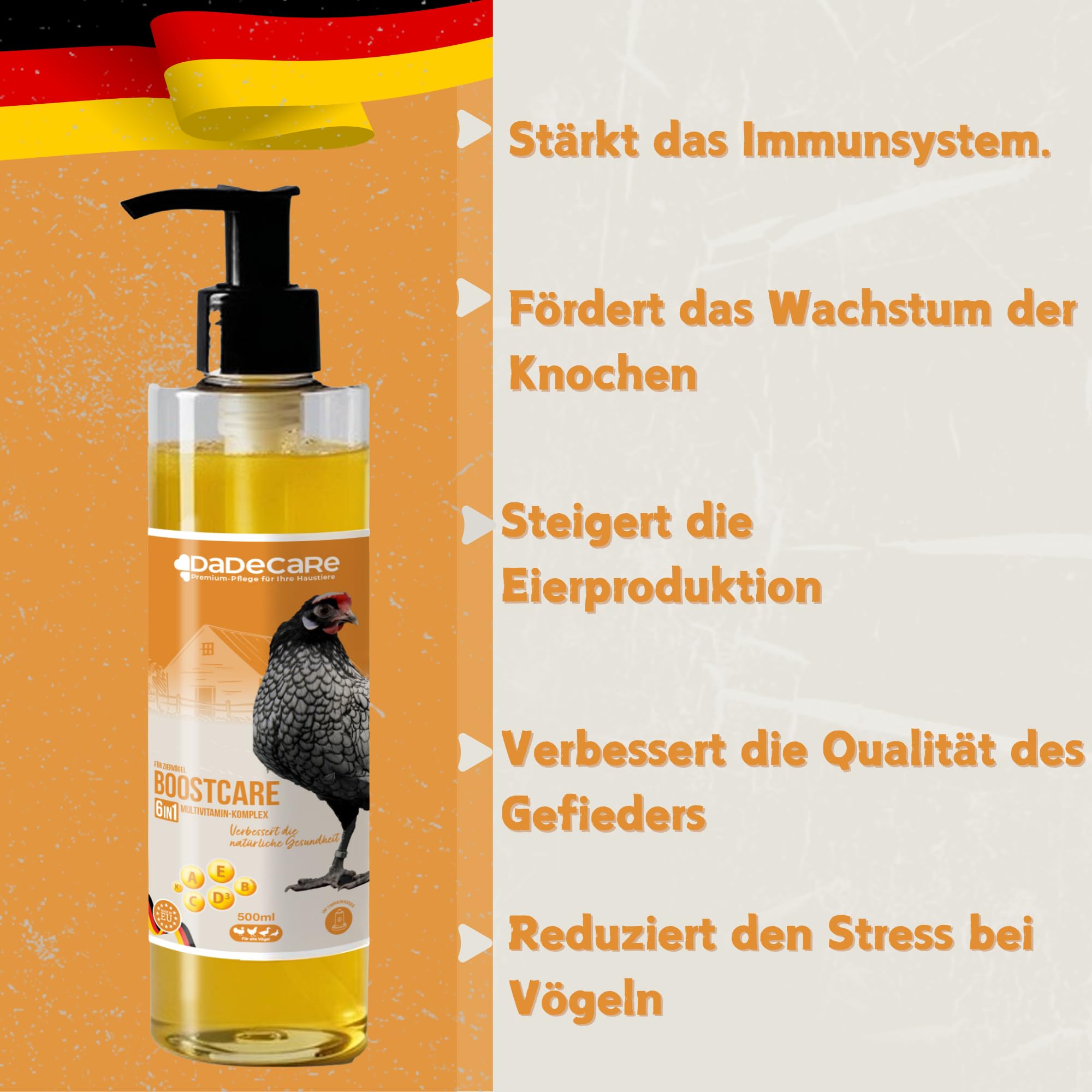 Hühner Vitamine 6-in-1 500ml | Vitamin A-E-D-C-B-K für Hühner Winter & Mauserhilfe | Ergänzendes Futter für Hühner, Küken und Exoten | Vitamin ADEC + mit Dosierer