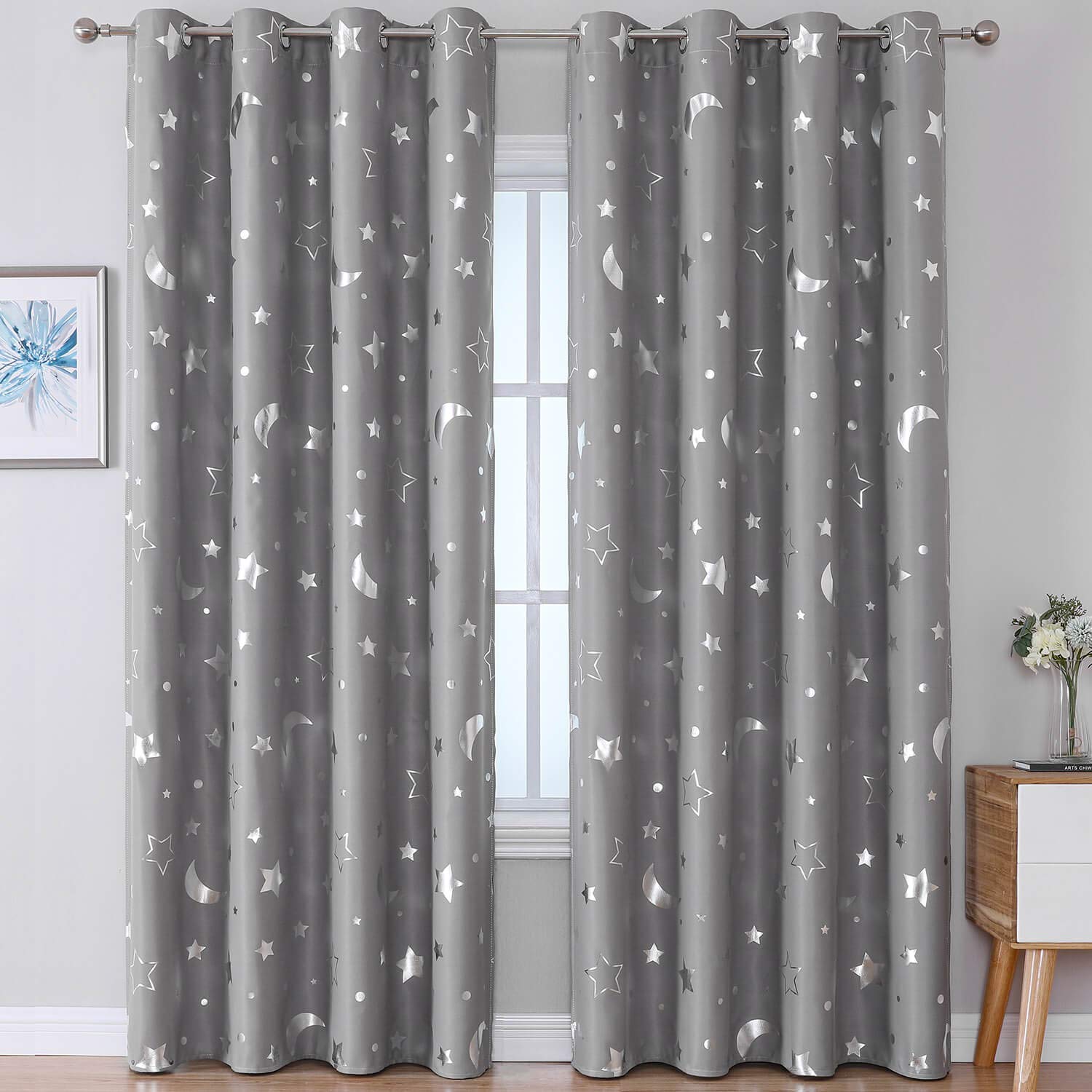 WUBODTI Gray Room Darkening Kids Curtains 84 Inches Long 2 Panels, Sparkly Silver Star and Moon Semi Blackout Nursery Curtain Grommet Window Drapes for Boys Bedroom Living Room, 42 x 84 Inches Long