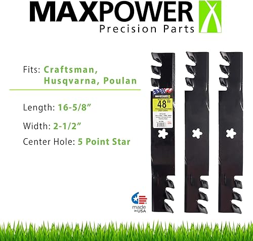 Miniatura 4 de Maxpower Juego de mantillo de 3 cuchillas para cortacéspedes Husqvarna de 48 pulgadas, negro y Maxpower 3 cuchillas para cortacéspedes Husqvarna de