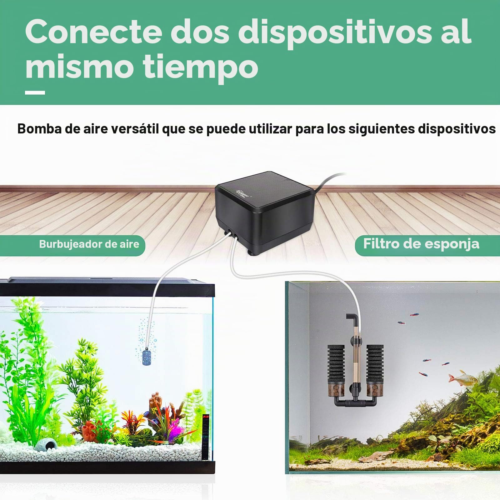 hygger Bomba de aire para acuario más silenciosa, bomba de oxígeno regulable, 2 salidas de aire, 5 W/10 W, ultrasilenciosa, potente bomba de aireación